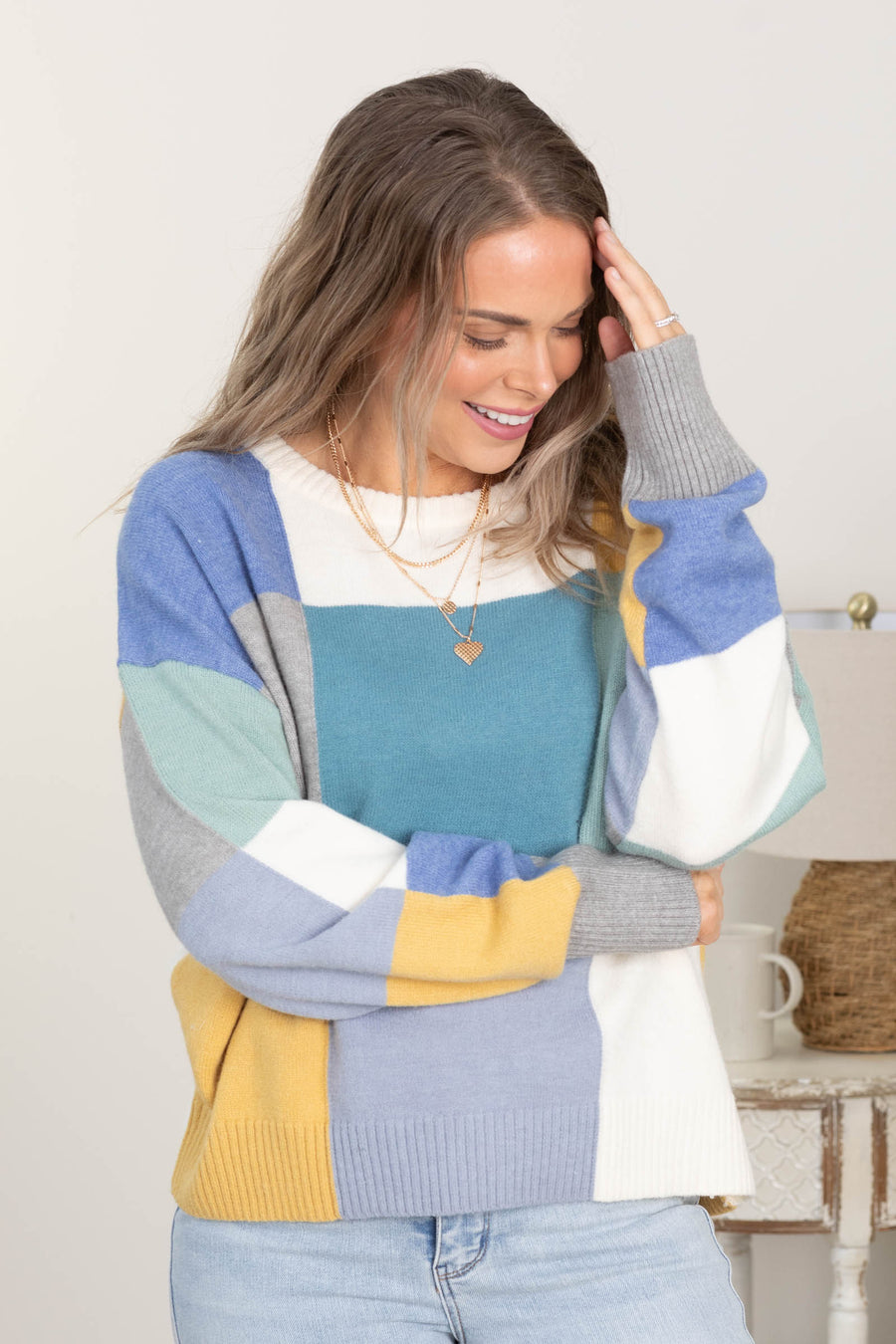 Teal Multicolor Colorblock Sweater