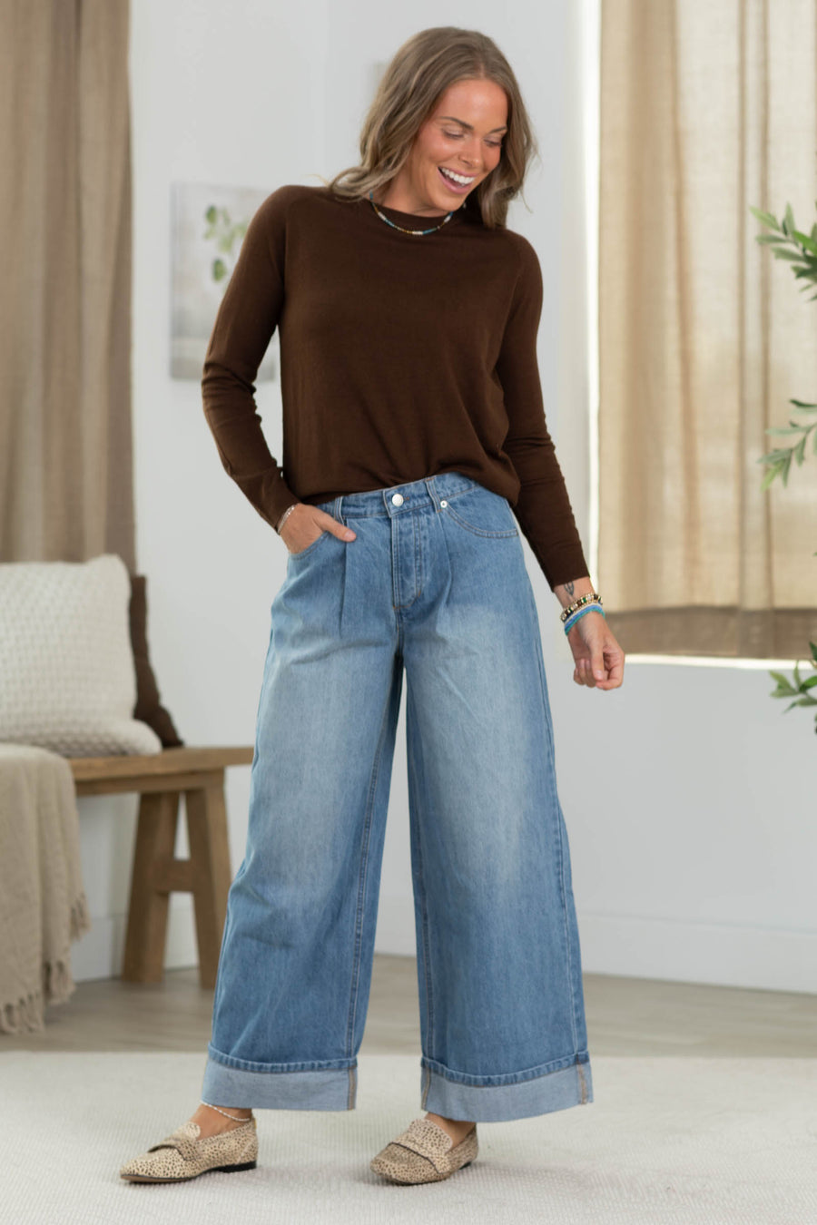 Denim Stone Washed Folded Hem Jeans
