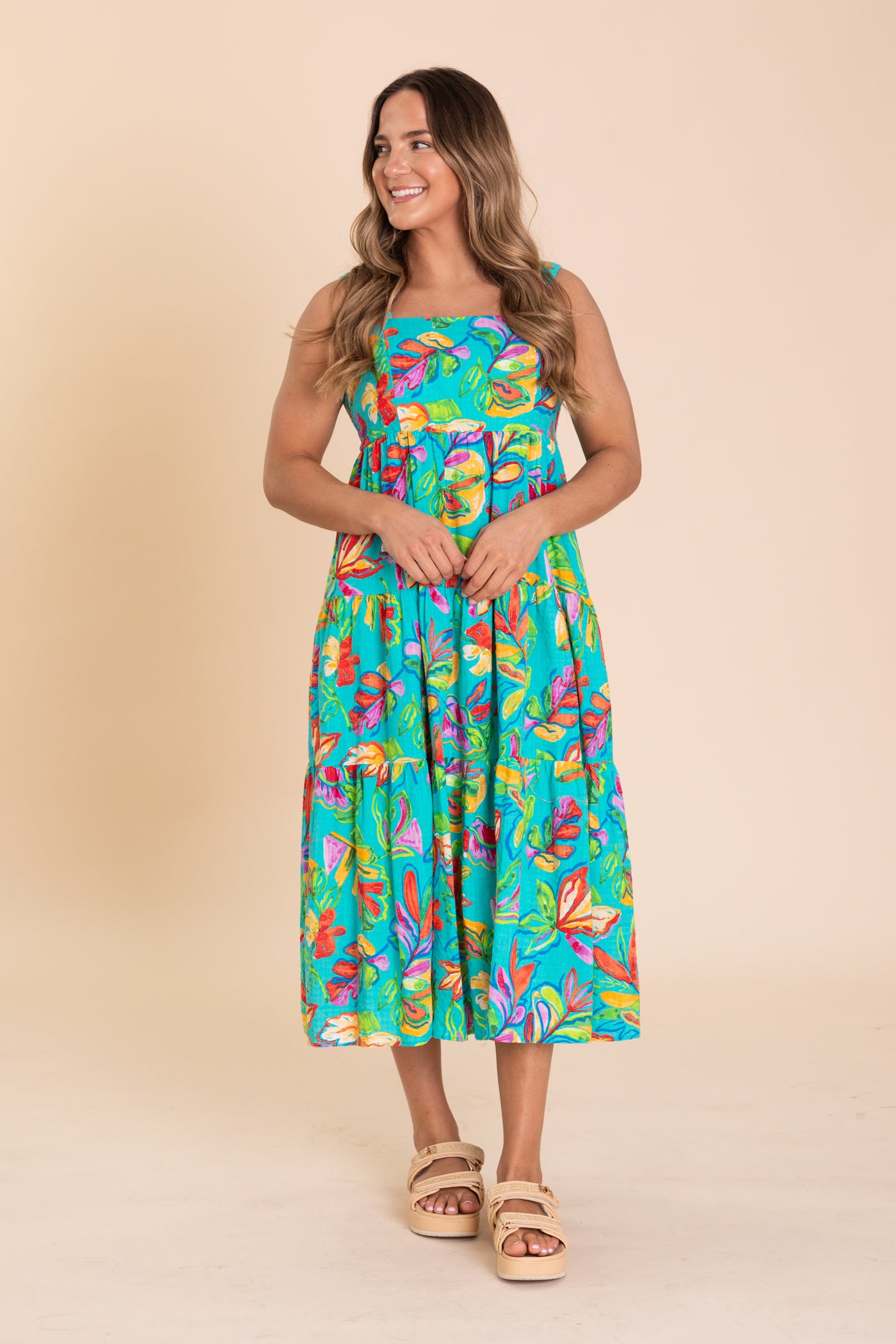 Aqua Green Printed Cotton Tiered Maxi Dress Aqua Green Printed Cotton Tiered Maxi Dress