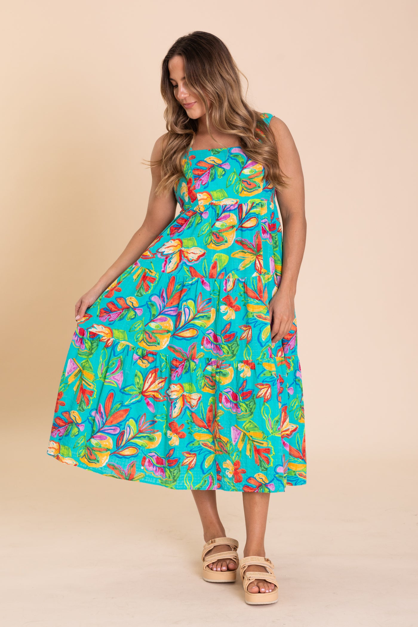 Aqua Green Printed Cotton Tiered Maxi Dress Aqua Green Printed Cotton Tiered Maxi Dress
