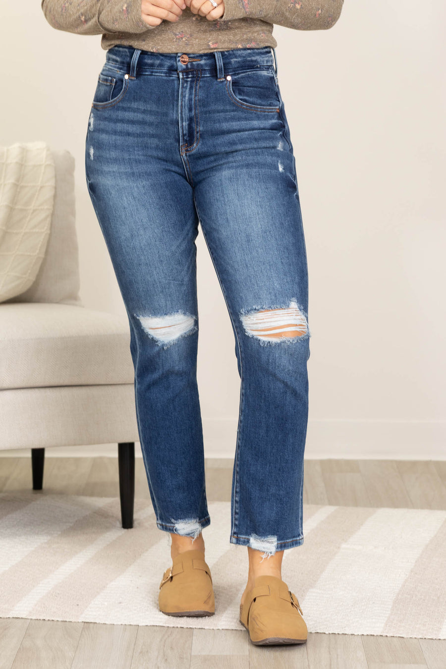 Risen Dark High Rise Distressed Hem Straight Leg Jeans