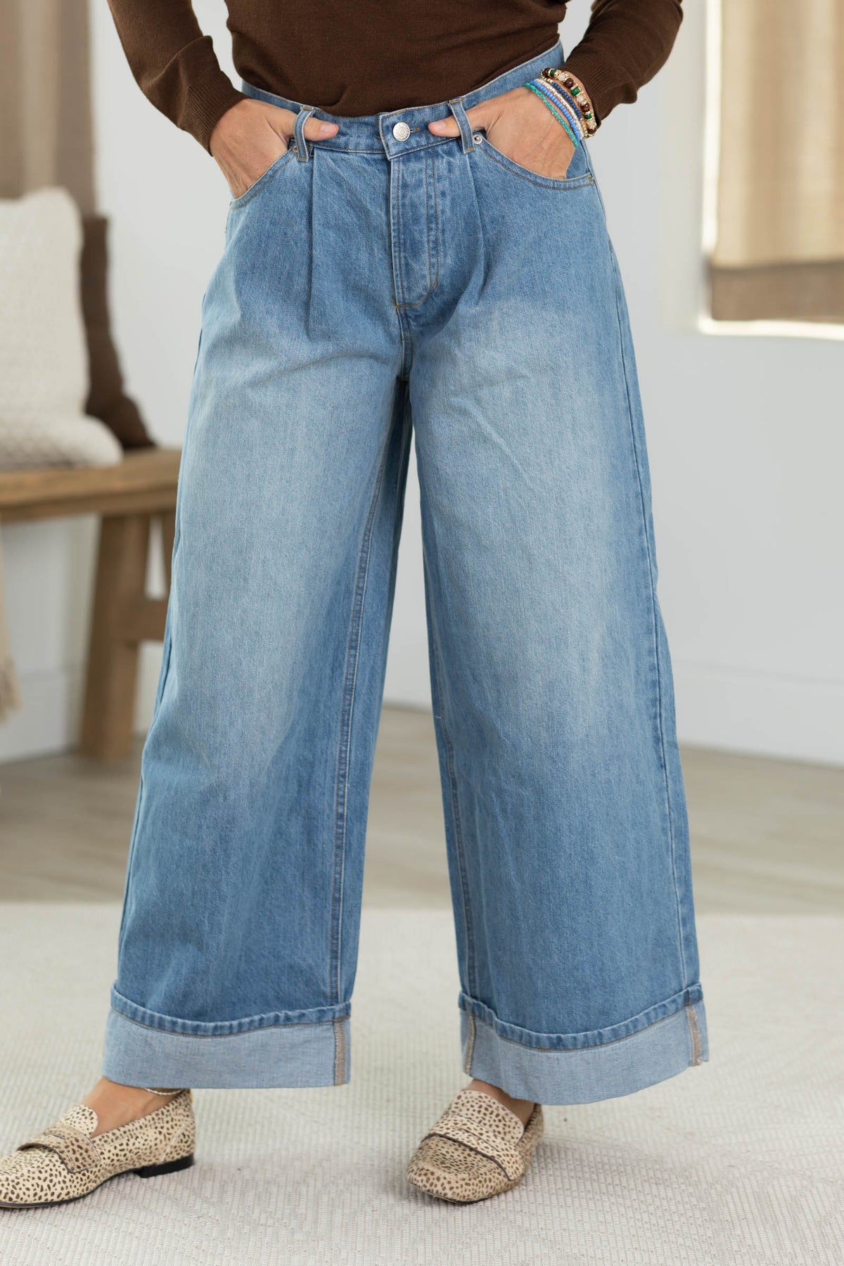 Denim Stone Washed Folded Hem Jeans