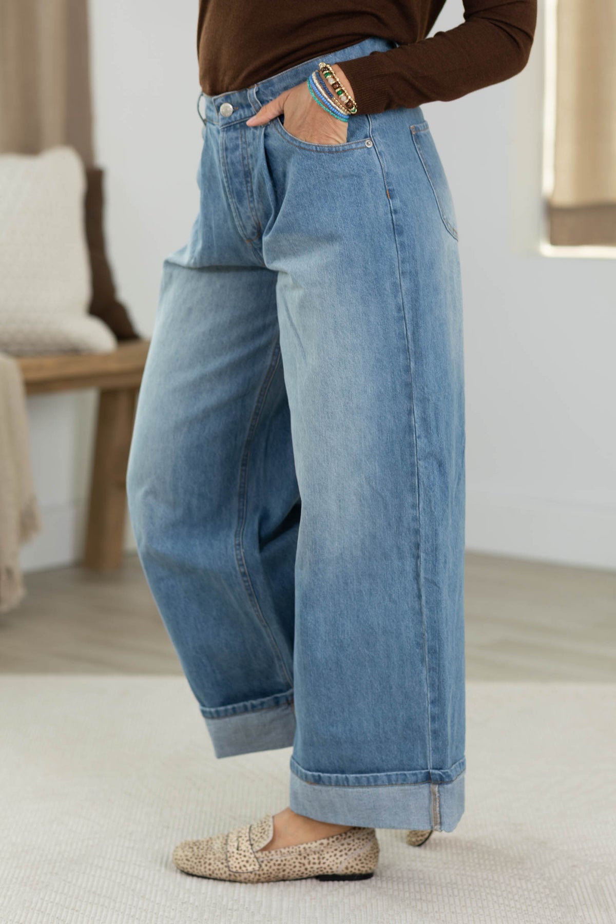 Denim Stone Washed Folded Hem Jeans