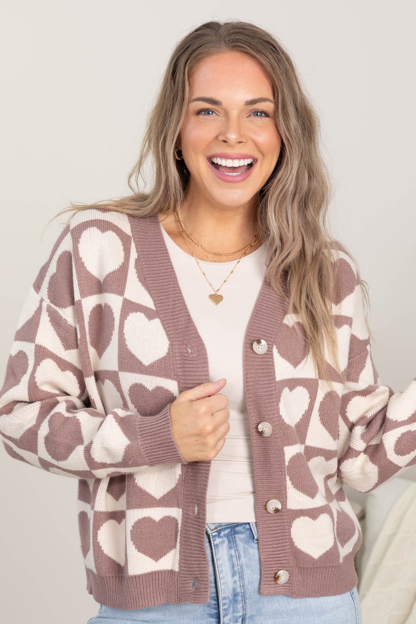 Mocha Checkered Hearts Cardigan