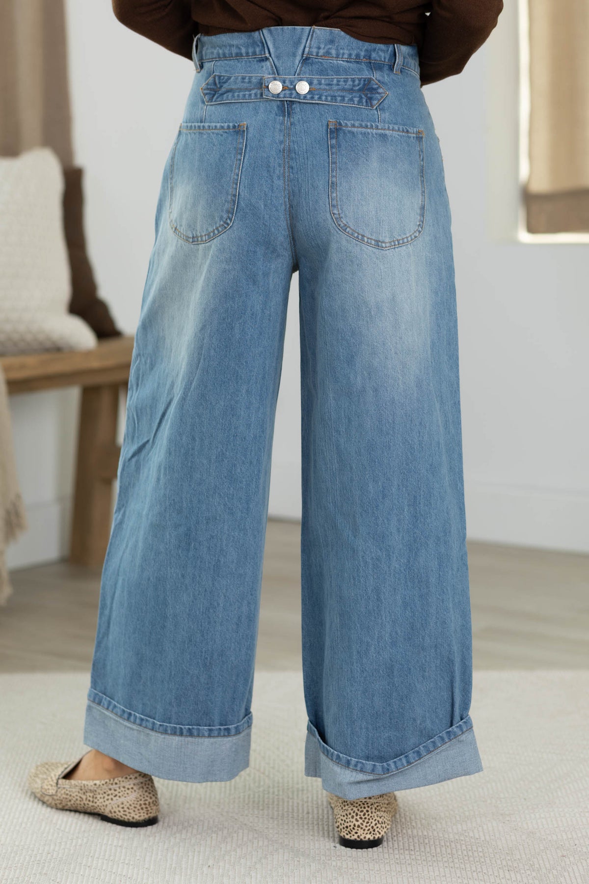 Denim Stone Washed Folded Hem Jeans