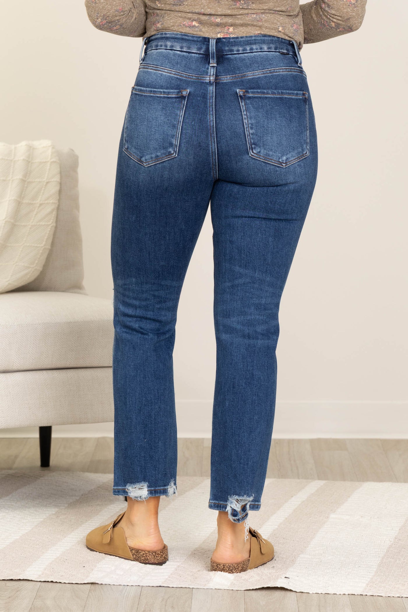 Risen Dark High Rise Distressed Hem Straight Leg Jeans