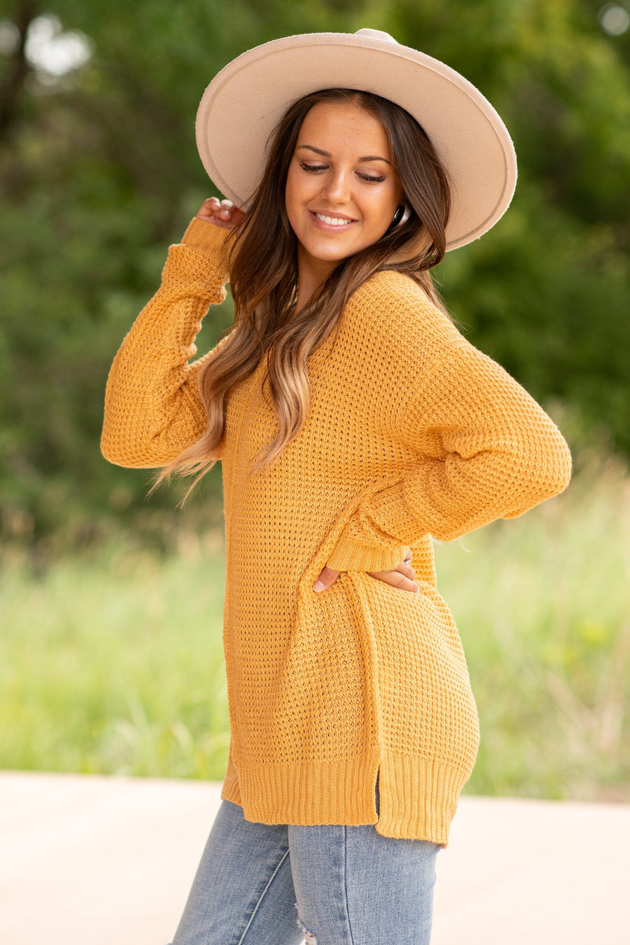 Mustard V-Neck Waffle Knit Sweater With Seam - Filly Flair