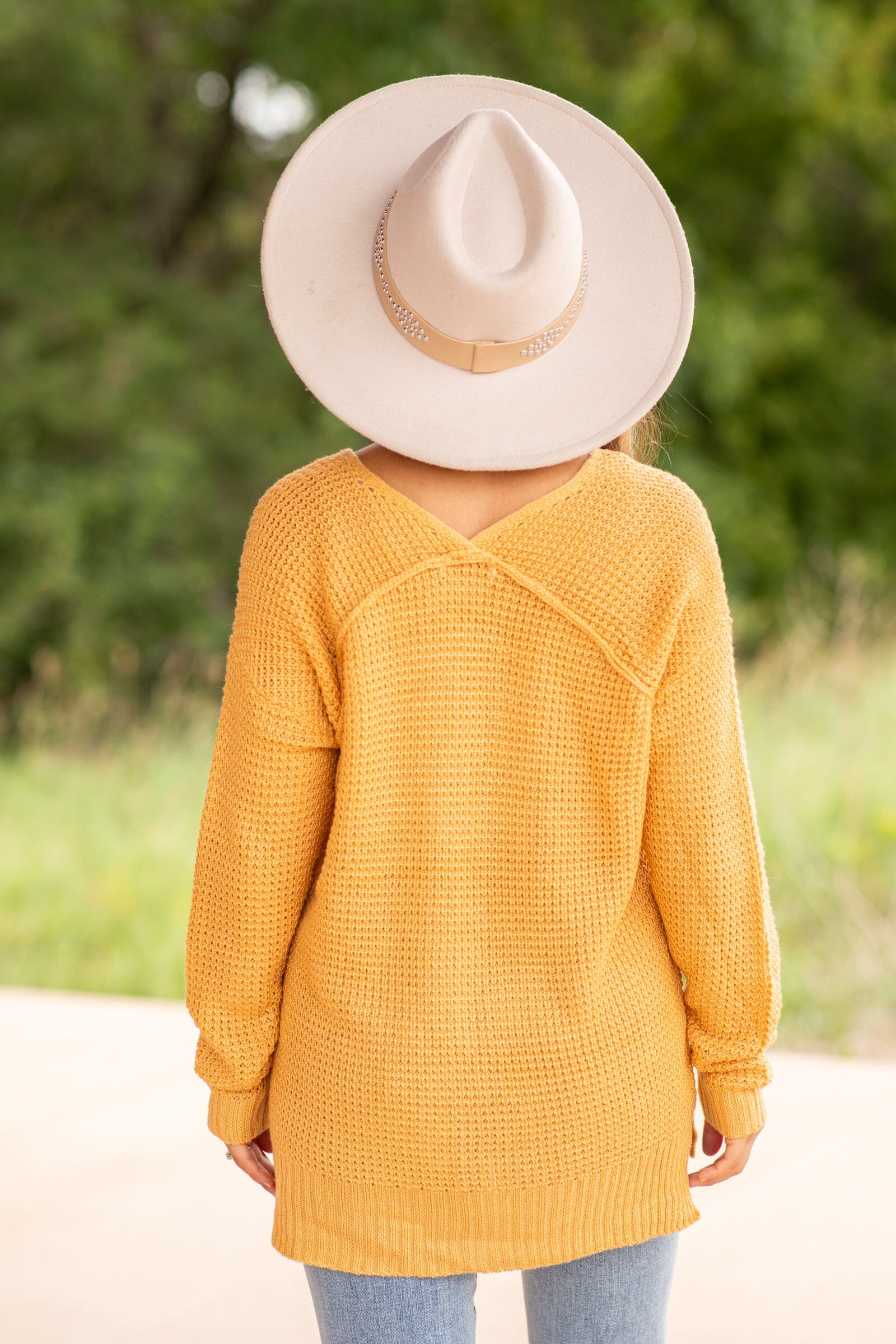 Mustard V-Neck Waffle Knit Sweater With Seam - Filly Flair