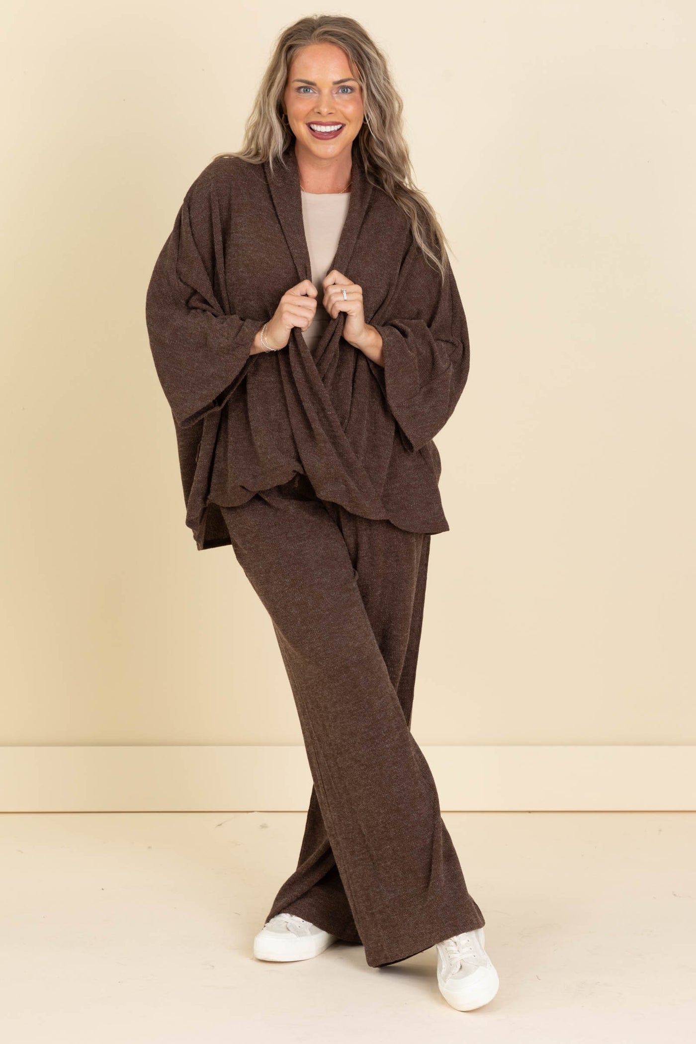 Brown Soft Twist Front Top With Pants Set