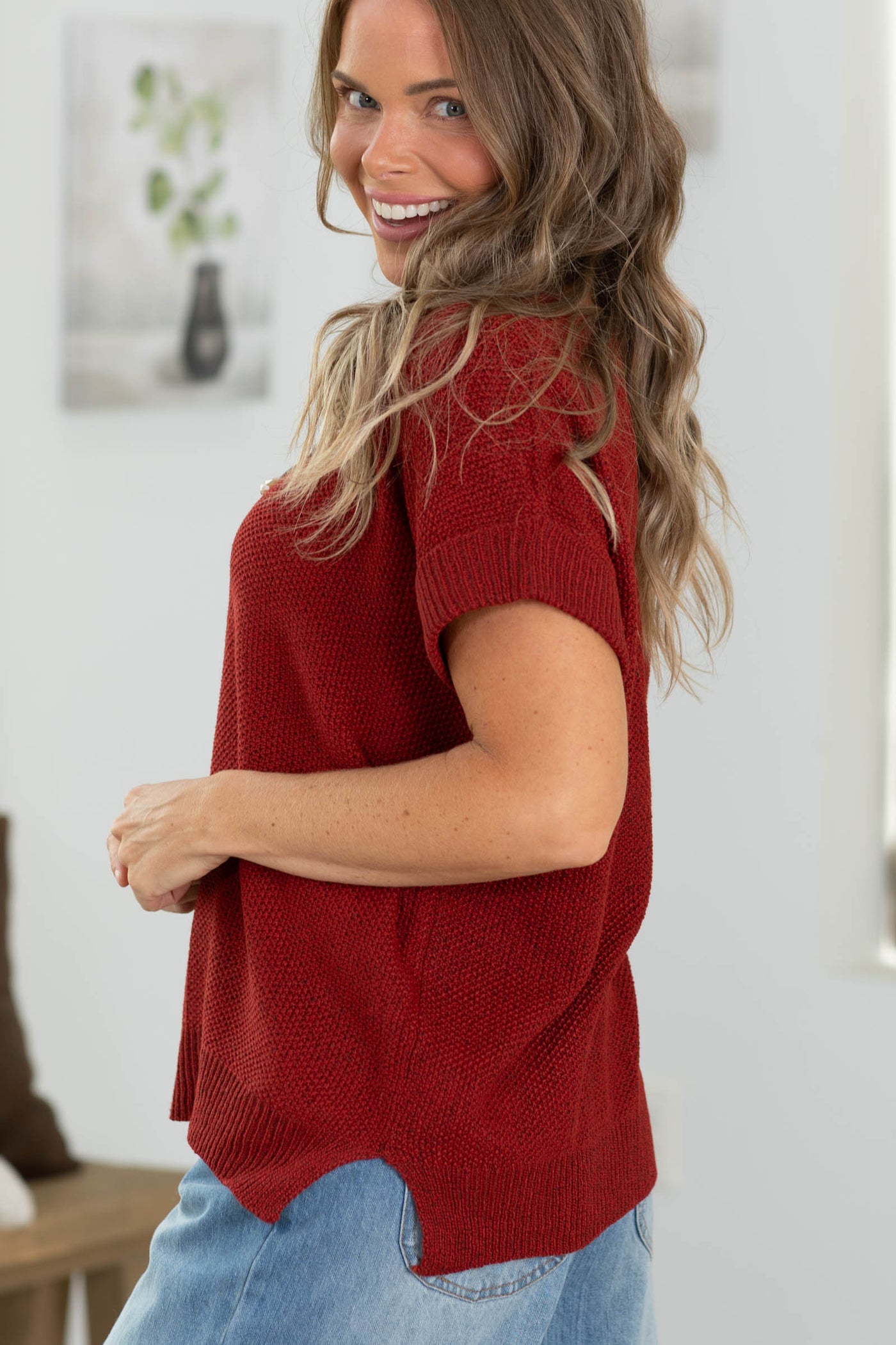 V-Neck Center Seam Short Sleeve Sweater Top
