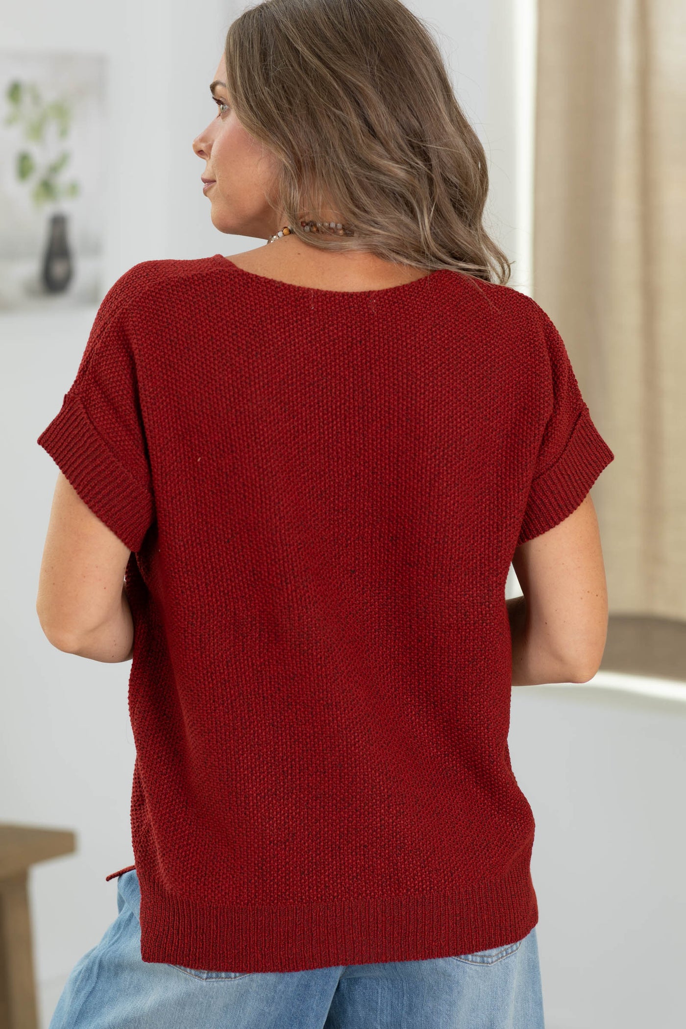 V-Neck Center Seam Short Sleeve Sweater Top