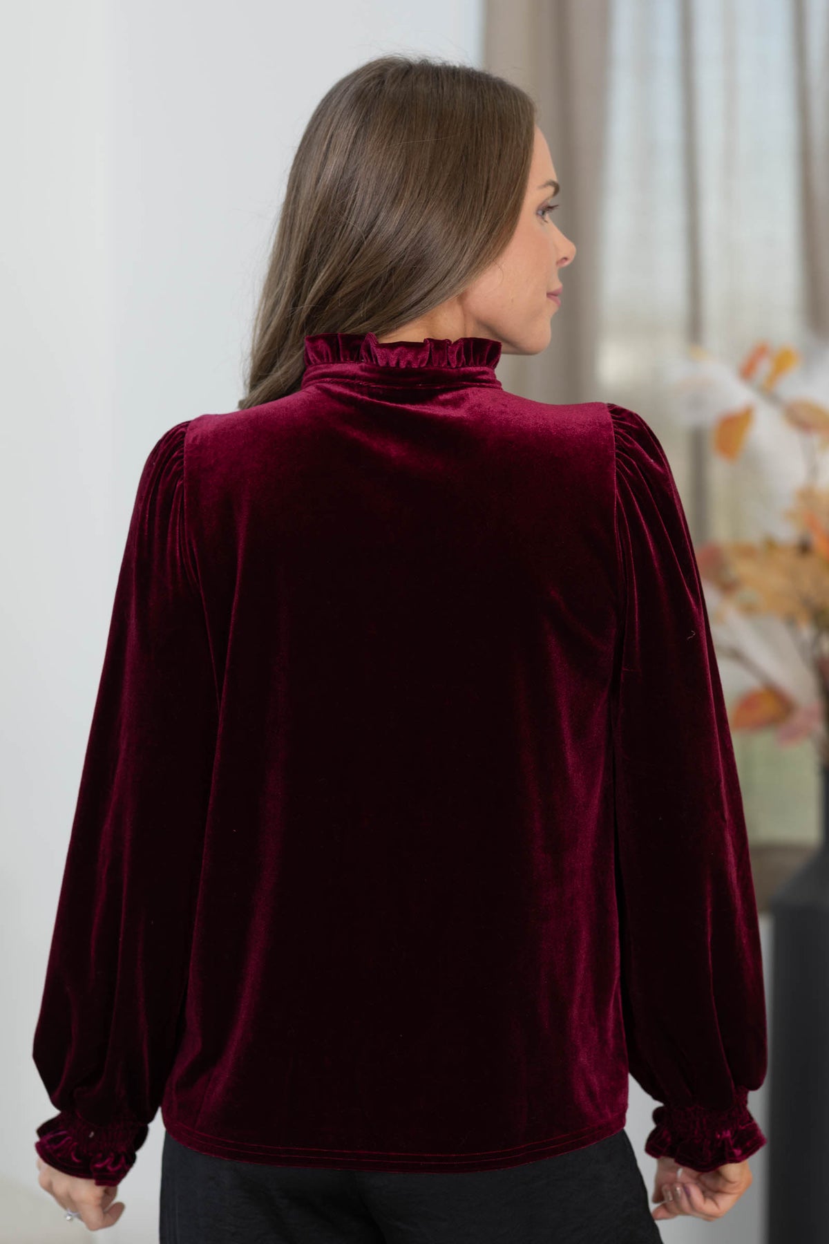 Staccato Velvet Ruffled Neck Smocked Sleeves Knit Top