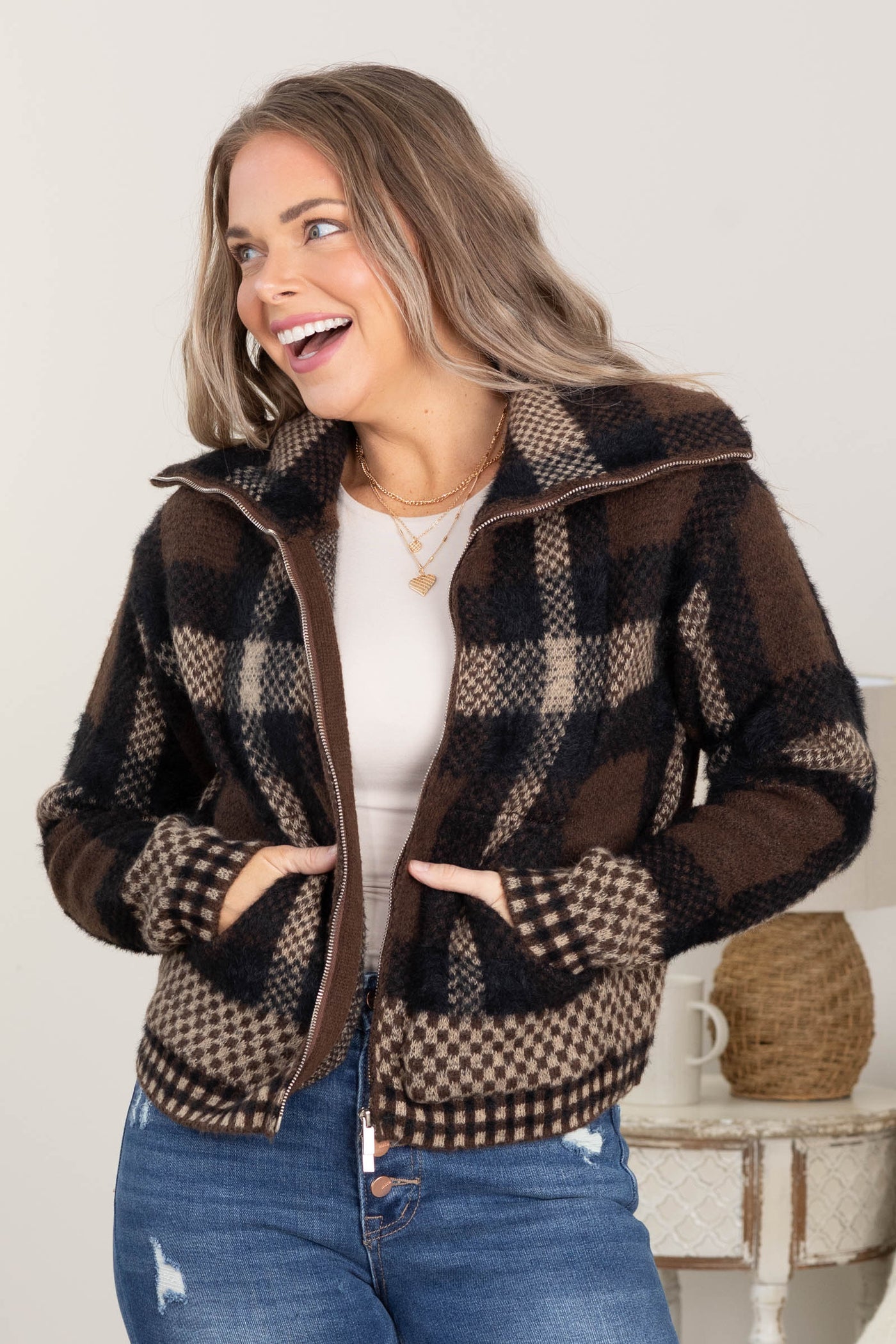 Sepia And Black High Neck Zipper Sweater Jacket