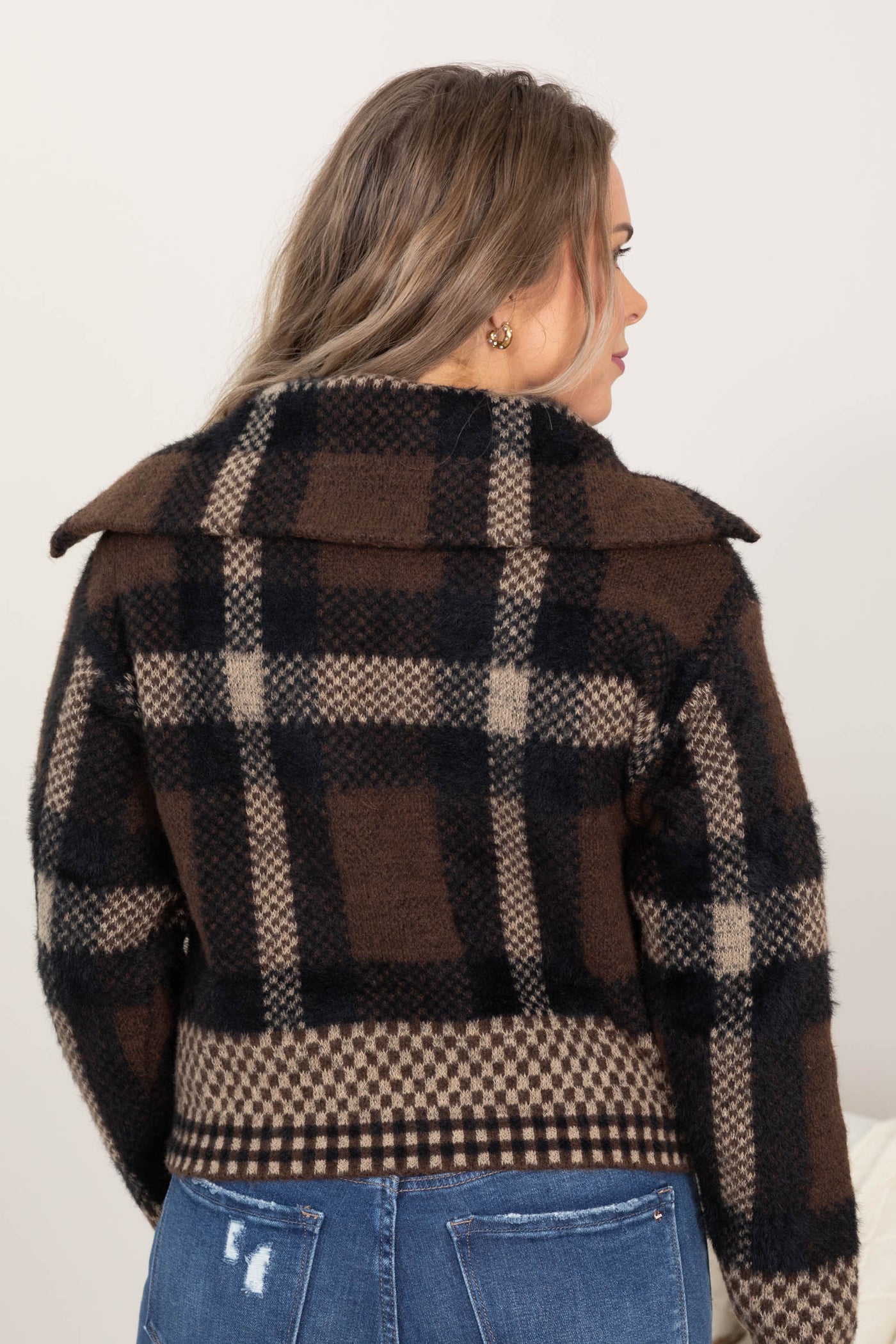 Sepia And Black High Neck Zipper Sweater Jacket