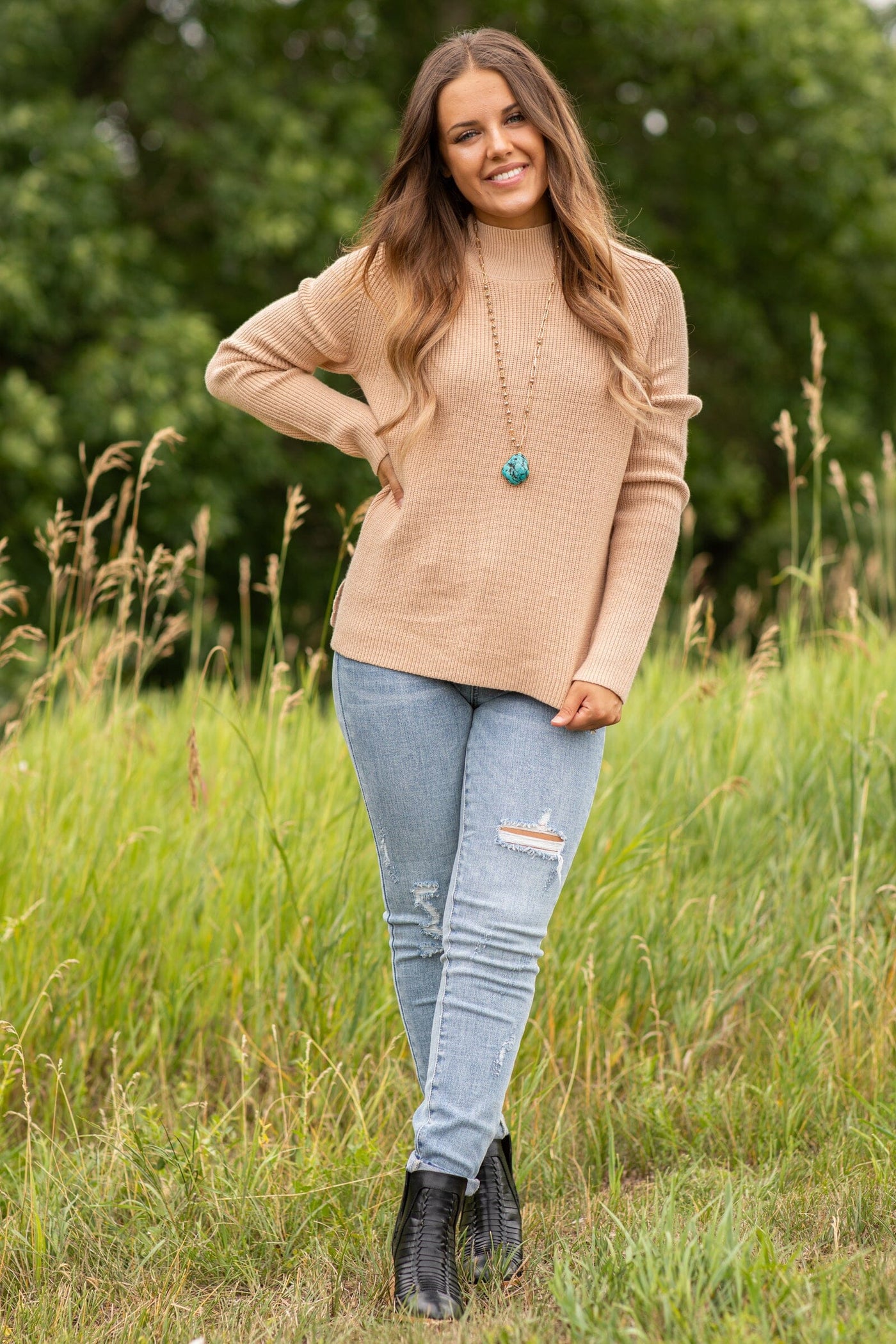 Beige Ribbed Mock Neck Sweater - Filly Flair