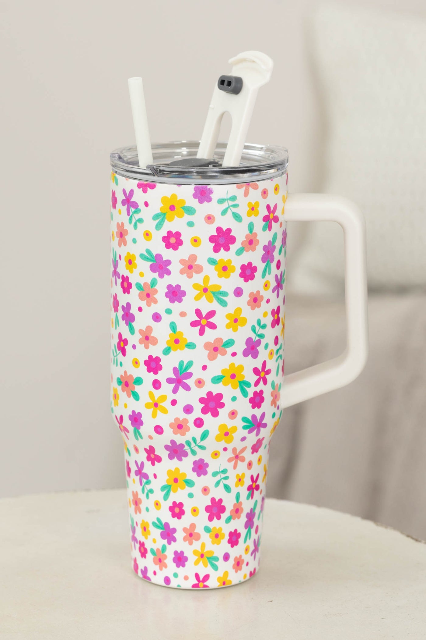 Off White Multicolor Flowers Printed 40oz Tumbler