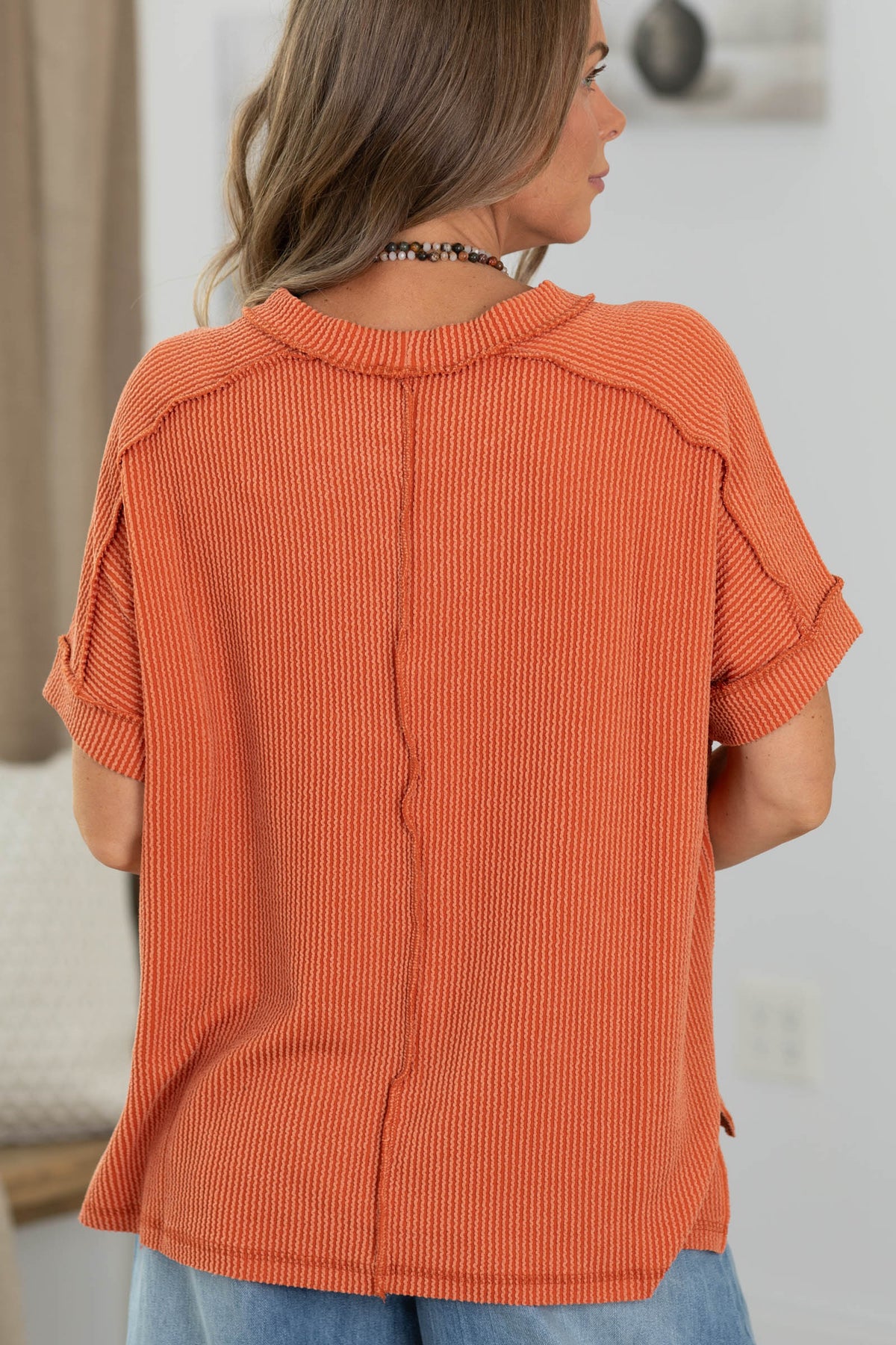 Raised Rib Cuff Sleeve Raw Edge Knit Top