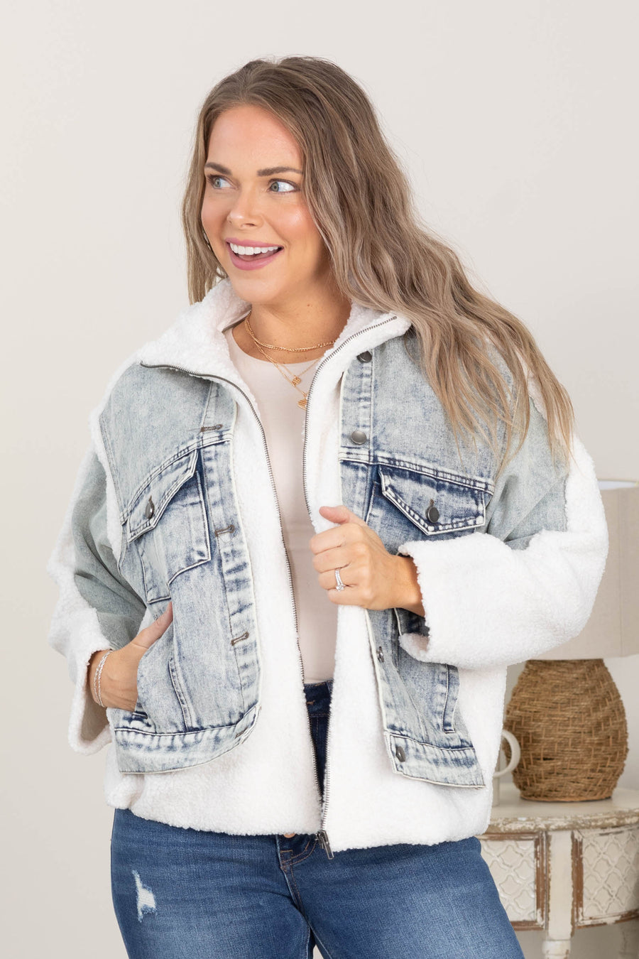 Denim And Teddy Mixed Media Zip-Up Jacket