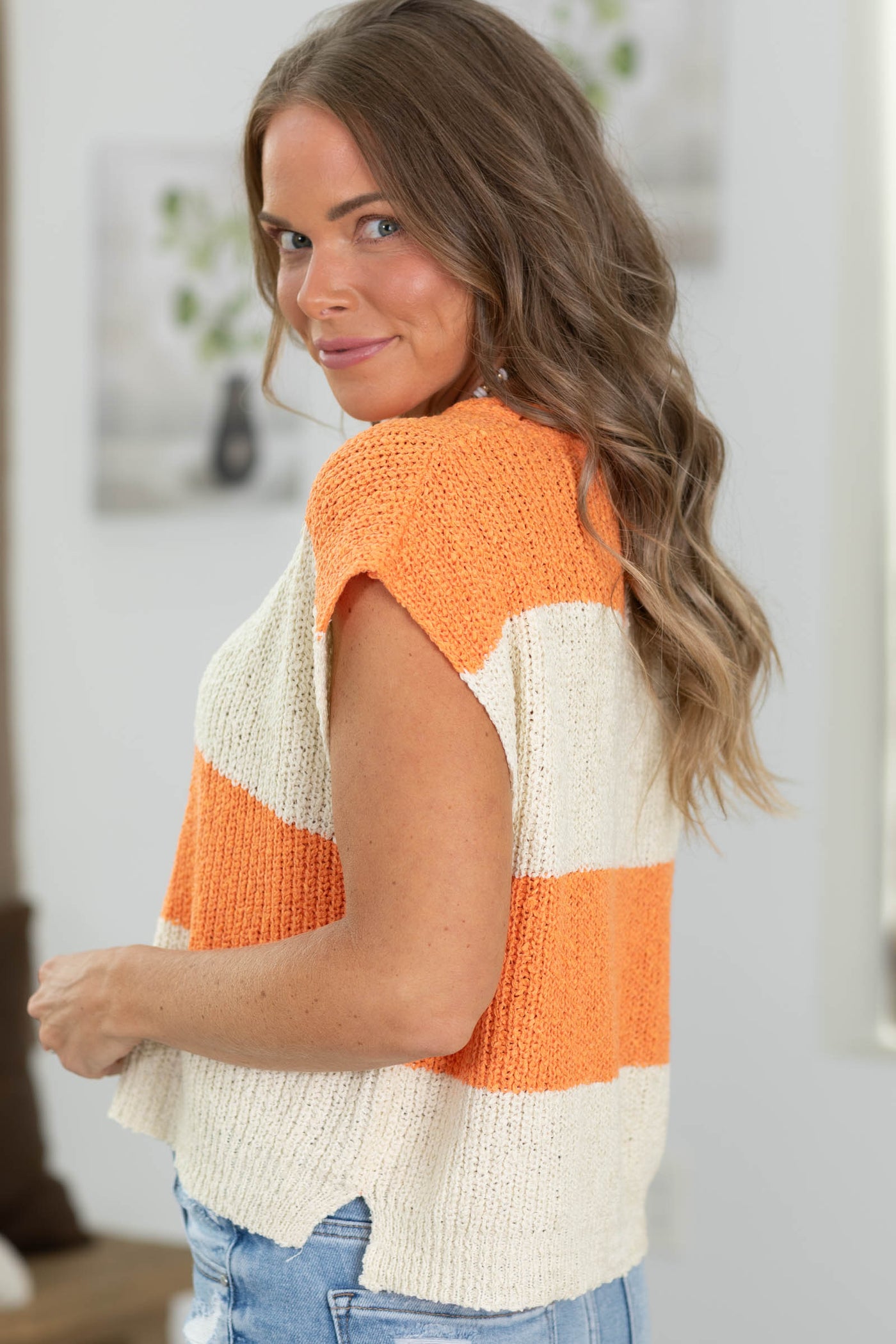 Split Neck Sleeveless Stripe Sweater