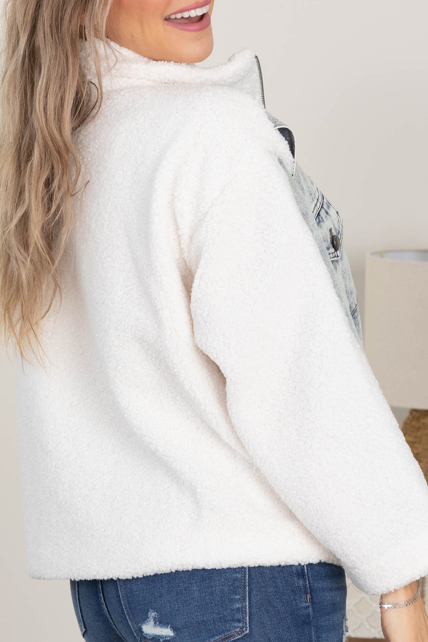 Denim And Teddy Mixed Media Zip-Up Jacket