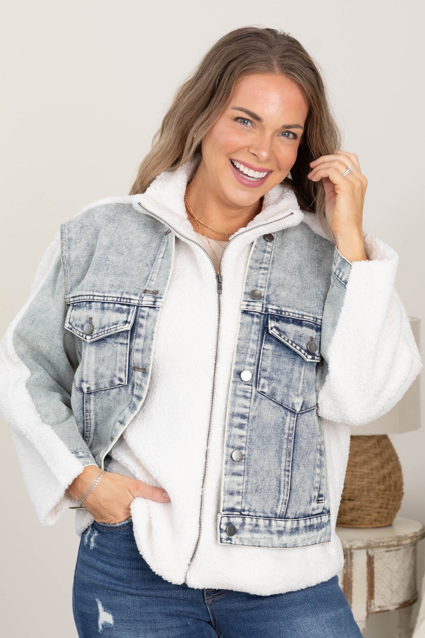 Denim And Teddy Mixed Media Zip-Up Jacket