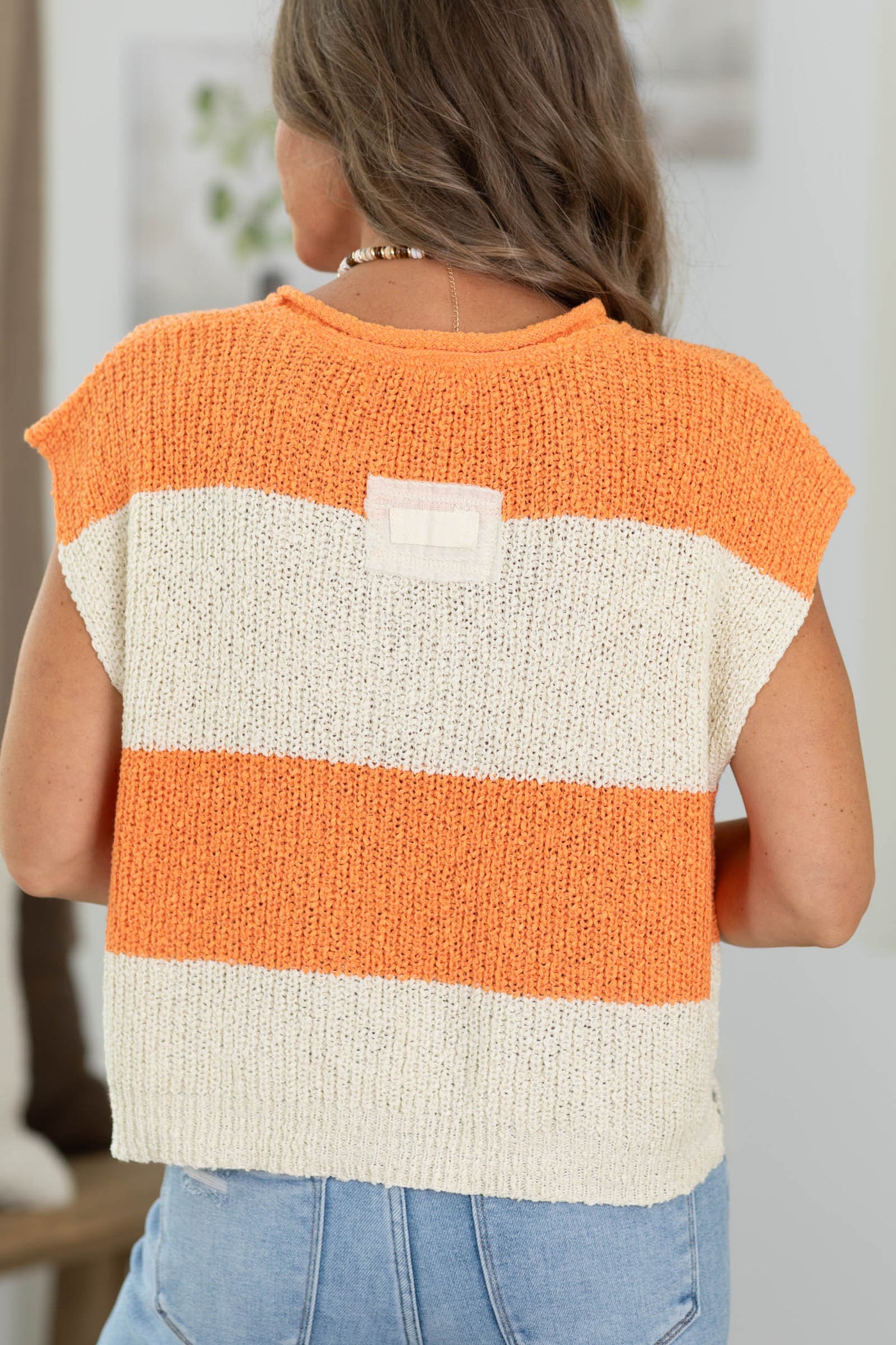 Split Neck Sleeveless Stripe Sweater