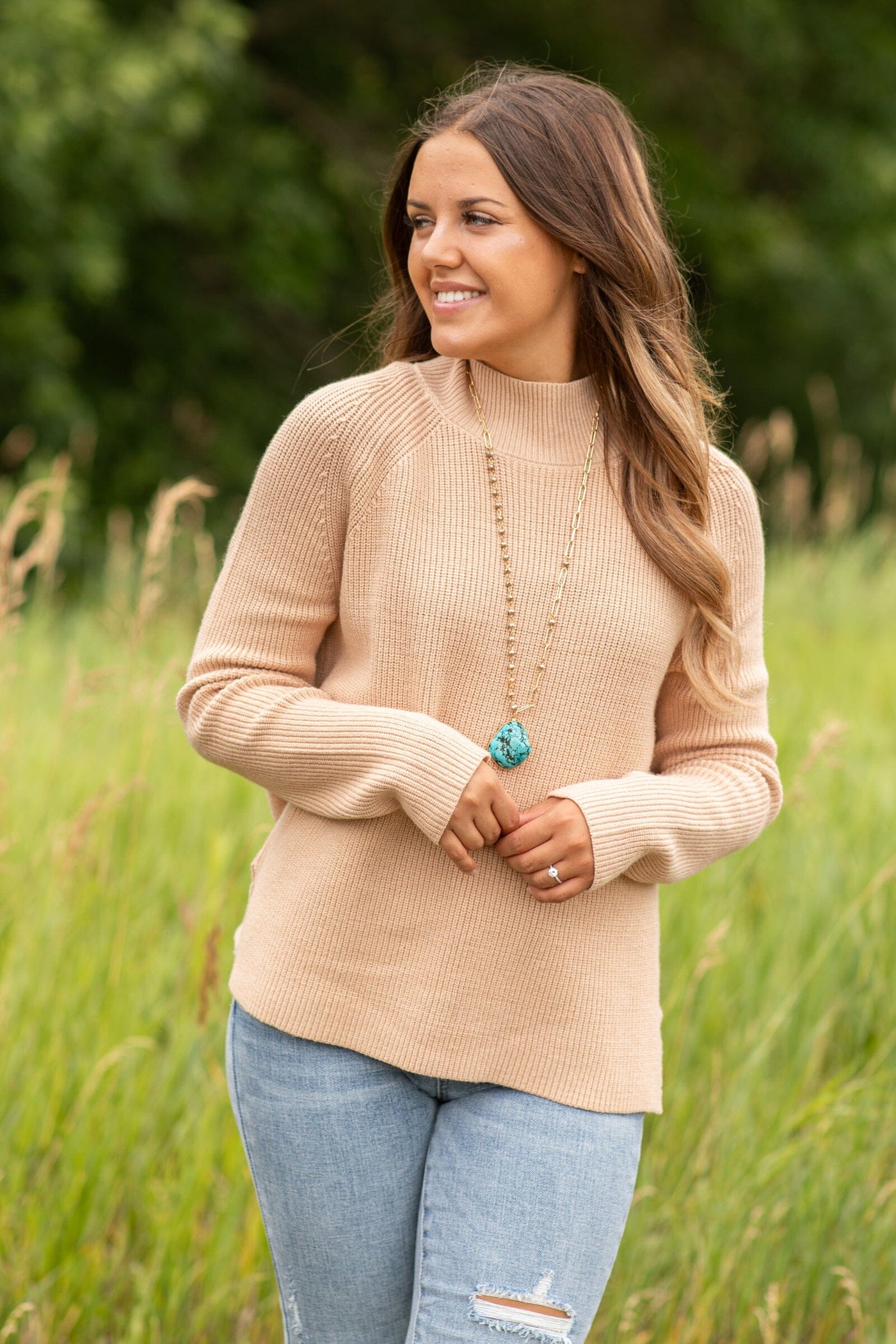 Beige Ribbed Mock Neck Sweater - Filly Flair
