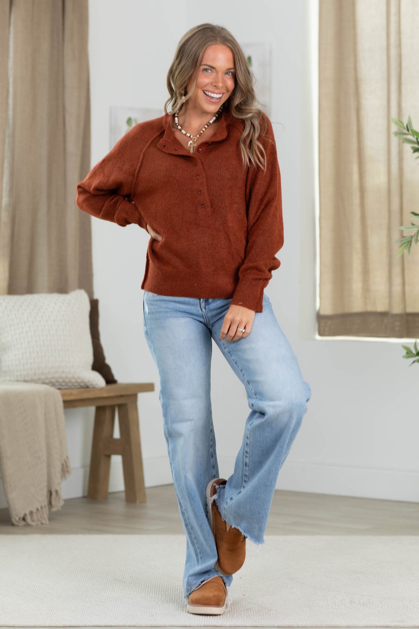 Henley Half Button Sweater Top