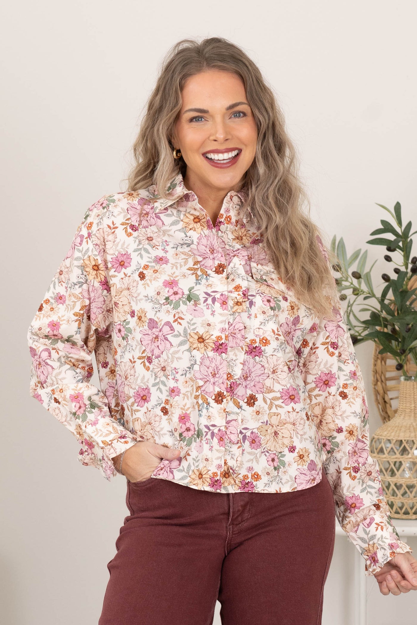 Beige Floral Ruffled Hidden Buttons Woven Top