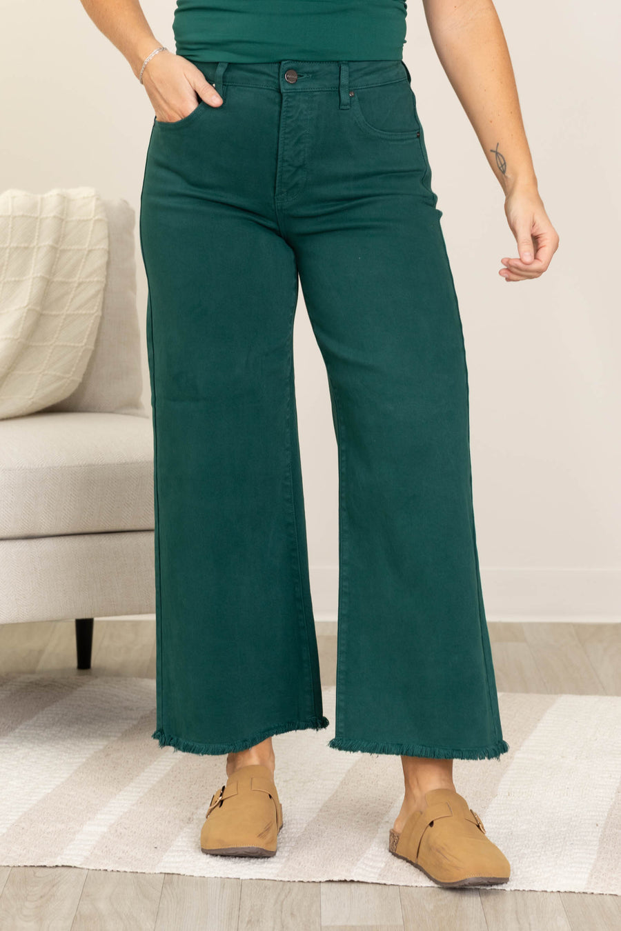 Risen Hunter Green Tummy Control Crop Wide Leg