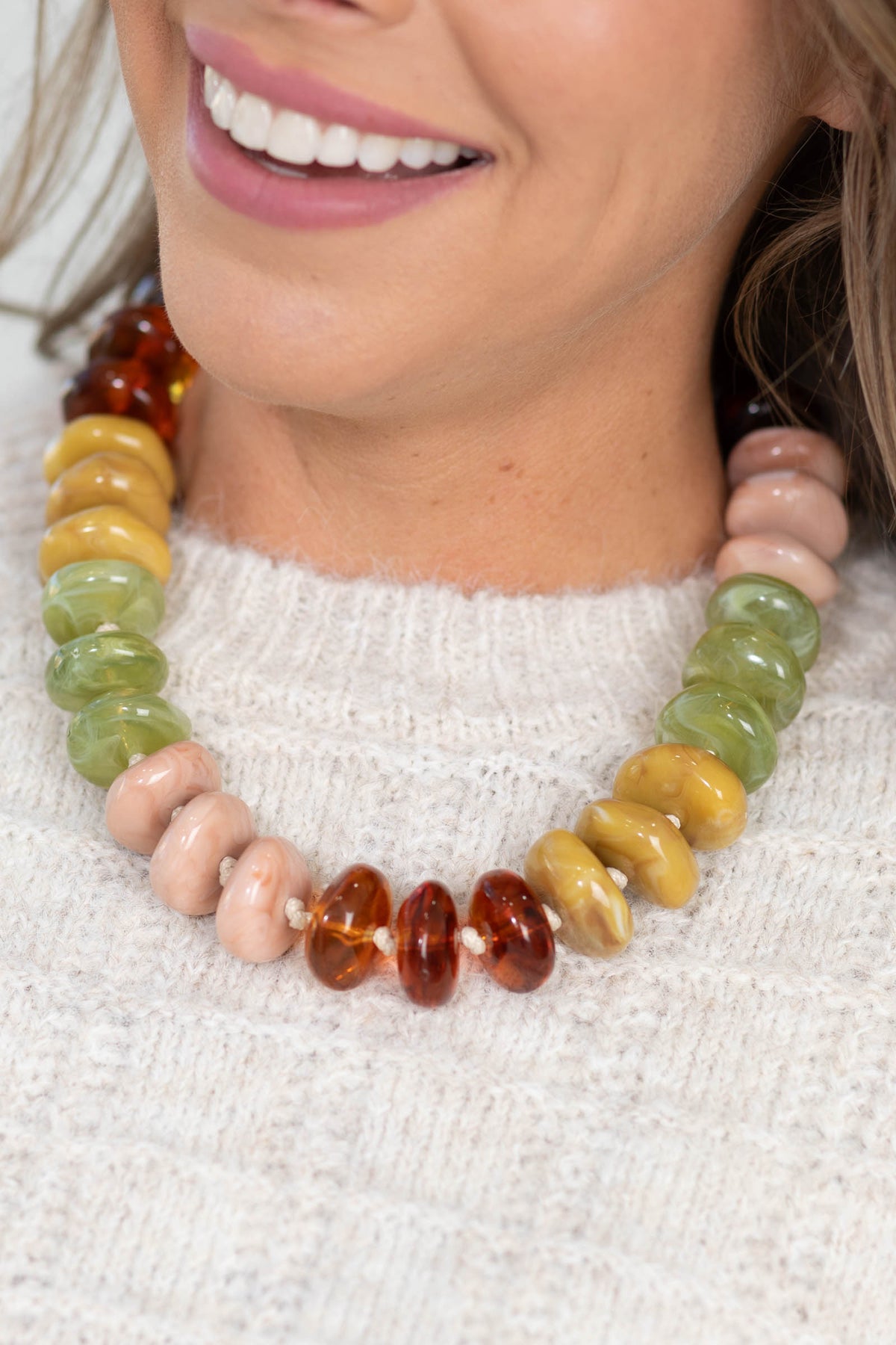 Olive And Cognac Resin Chunky Bead Necklace