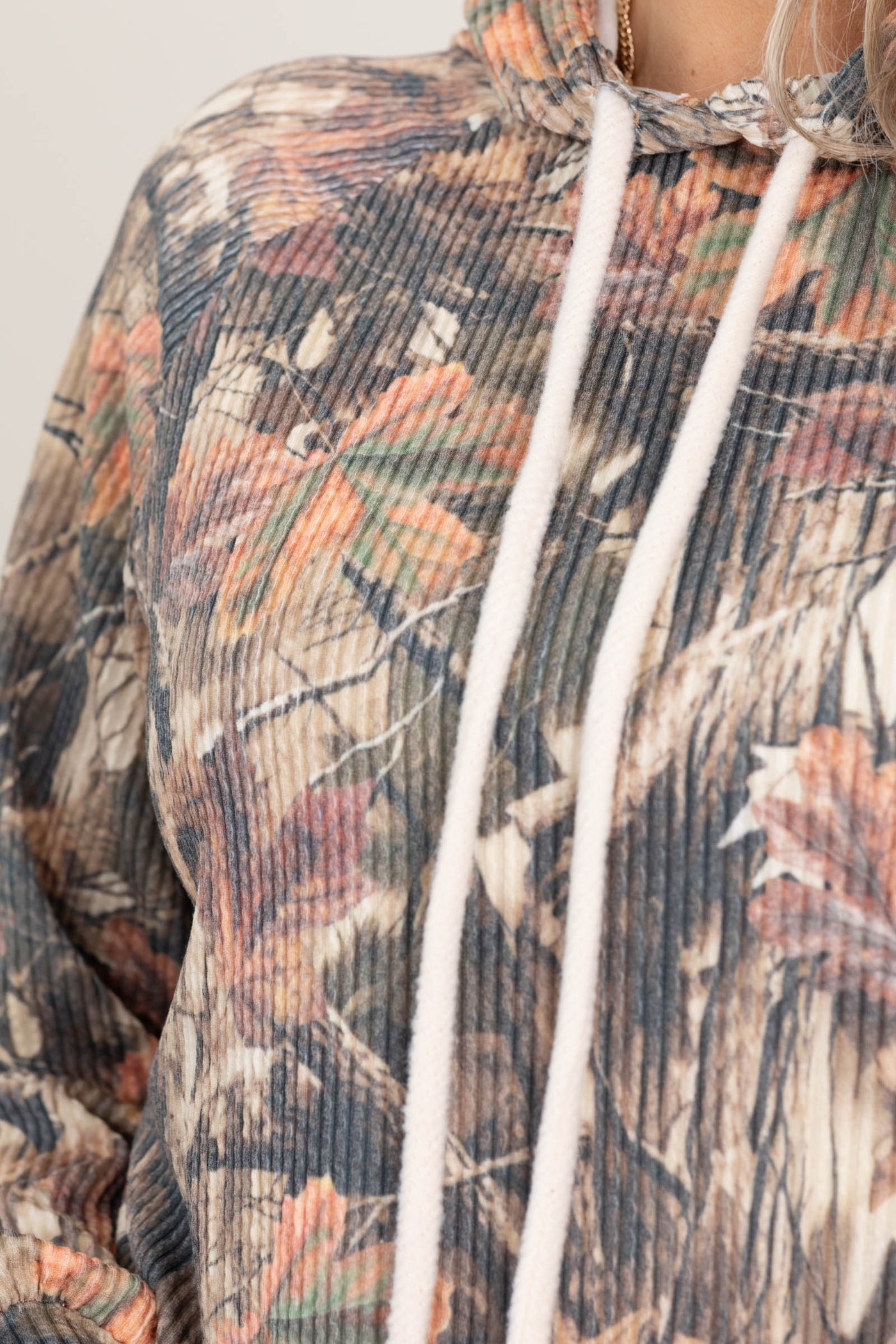 Charcoal Vintage Leaf Print Ribbed Knit Hoodie