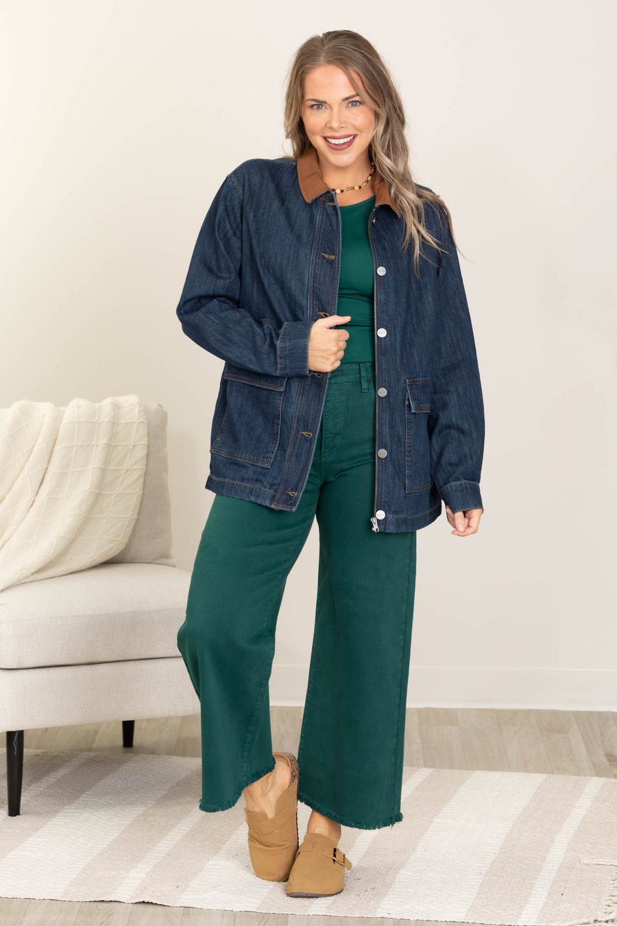 Risen Leather Collar Oversized Denim Jacket