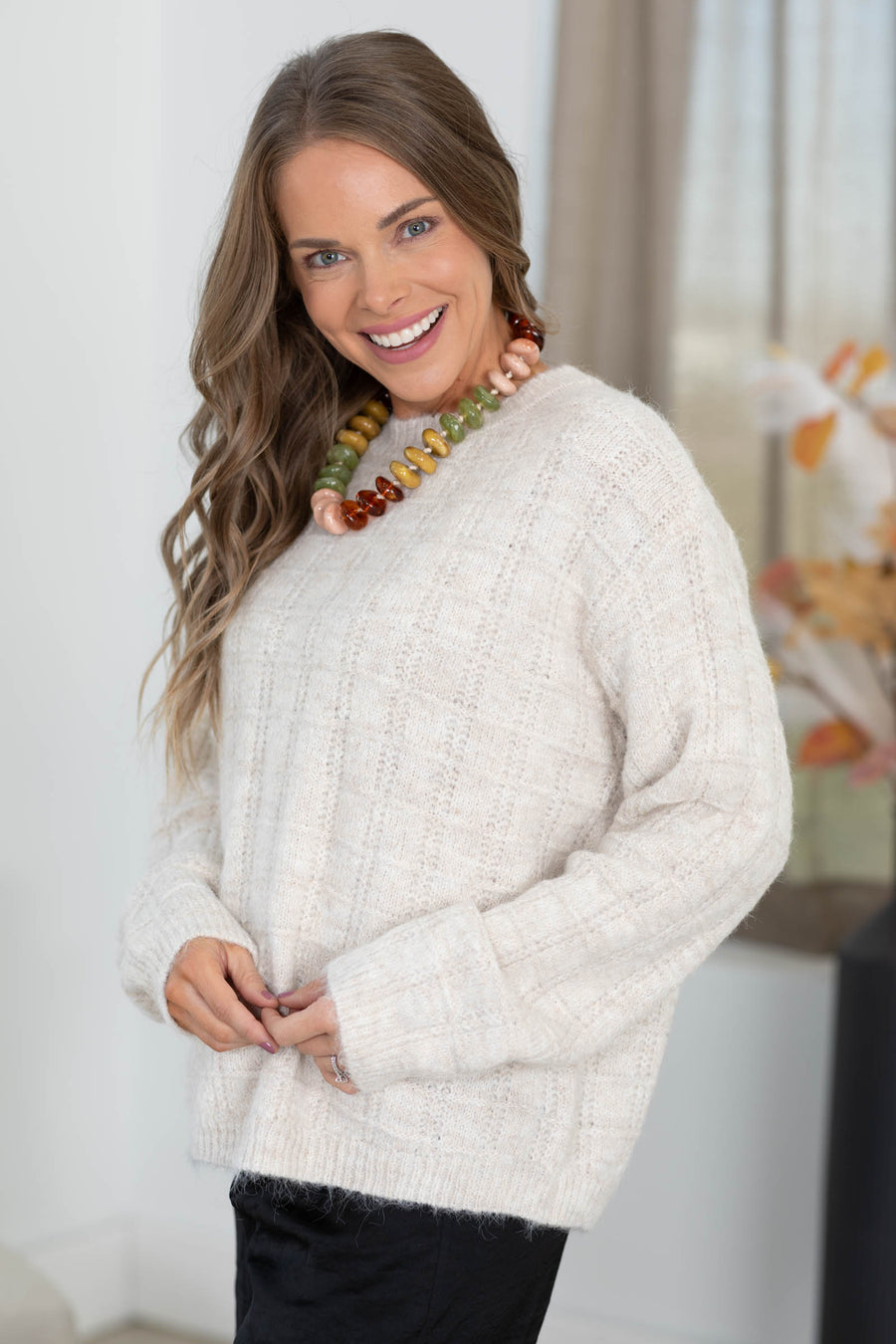 Oatmeal Grid Textured Knit Sweater