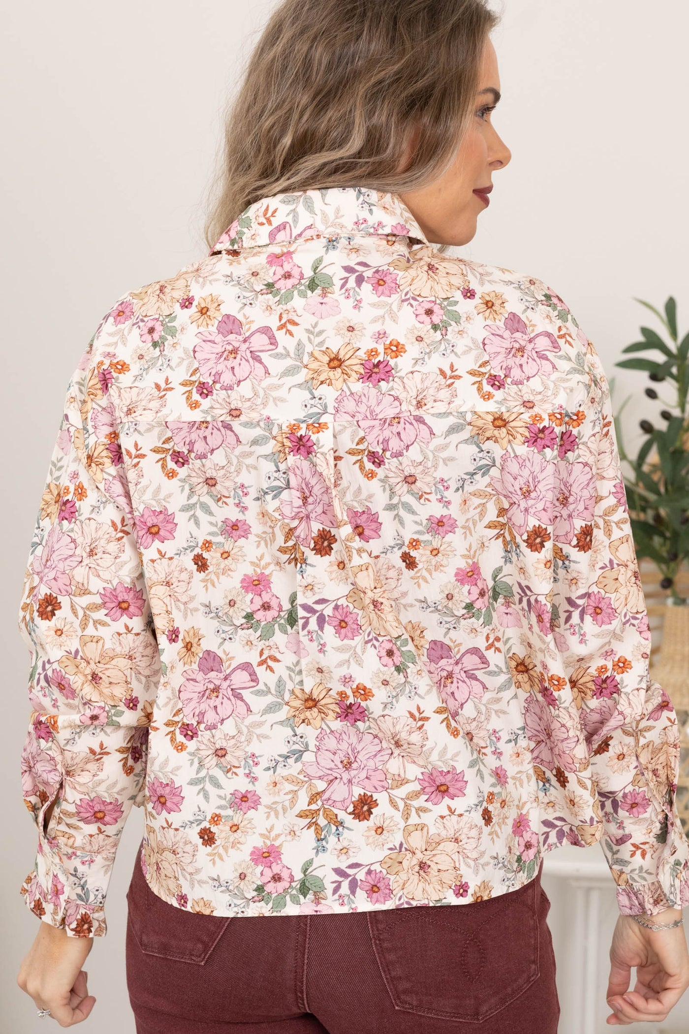 Beige Floral Ruffled Hidden Buttons Woven Top