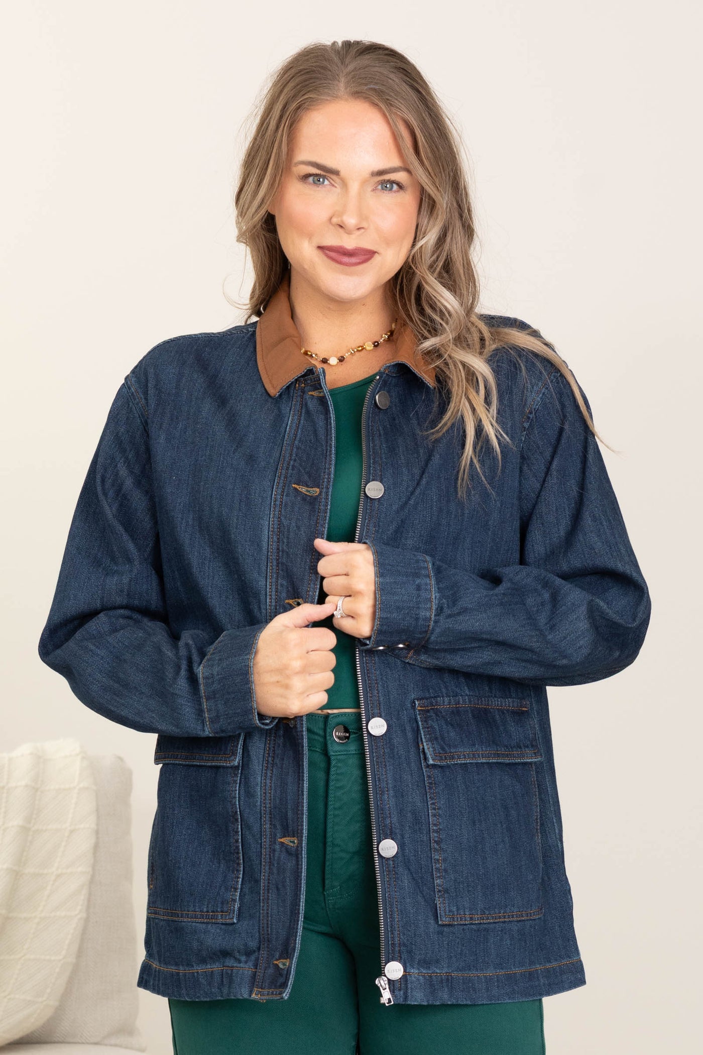 Risen Leather Collar Oversized Denim Jacket