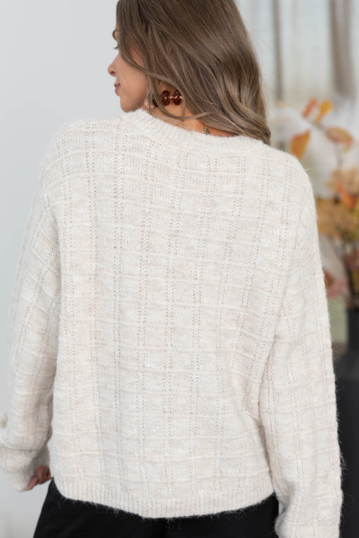 Oatmeal Grid Textured Knit Sweater