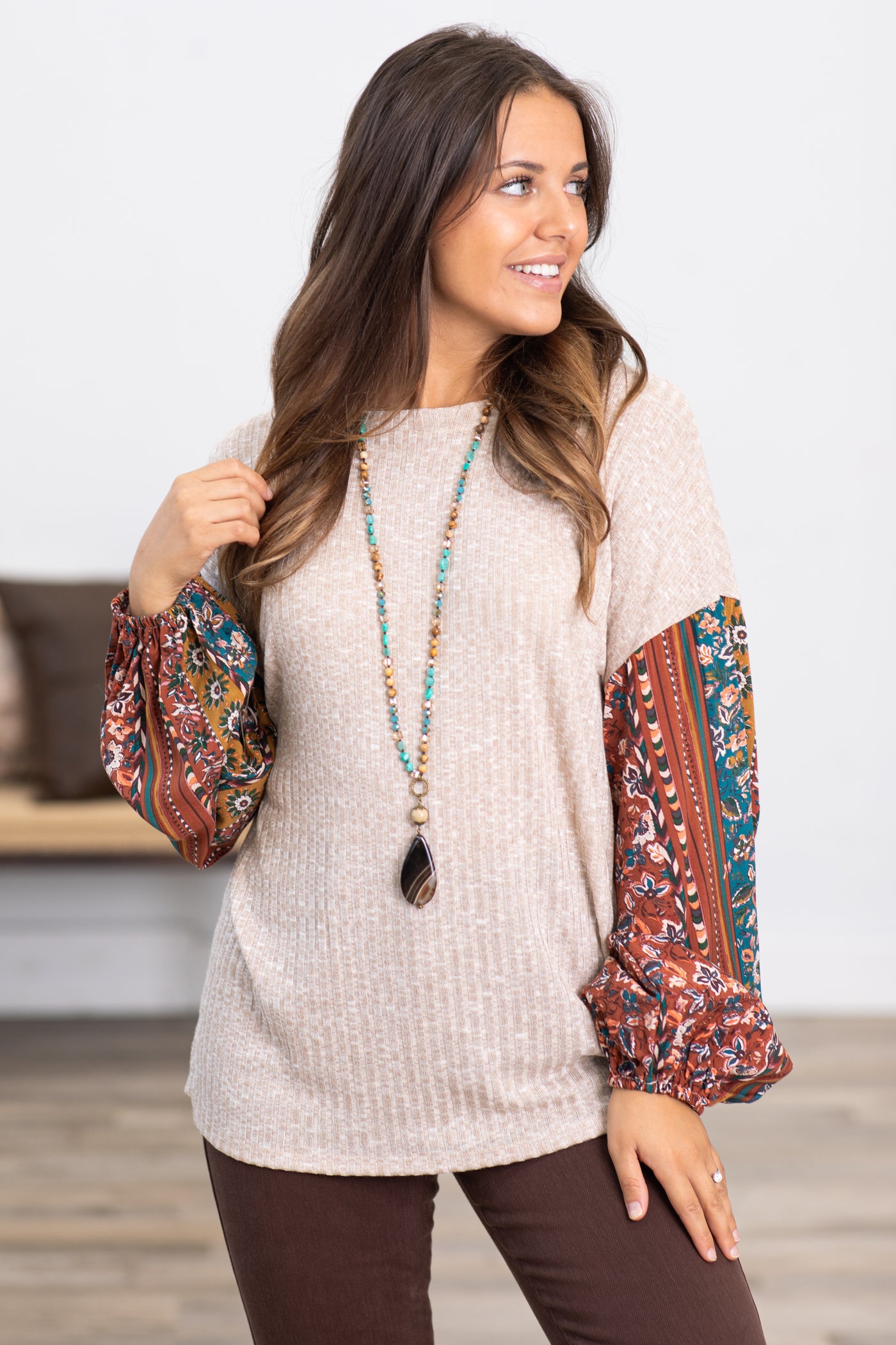 Oatmeal Waffle Knit Top With Floral Sleeves