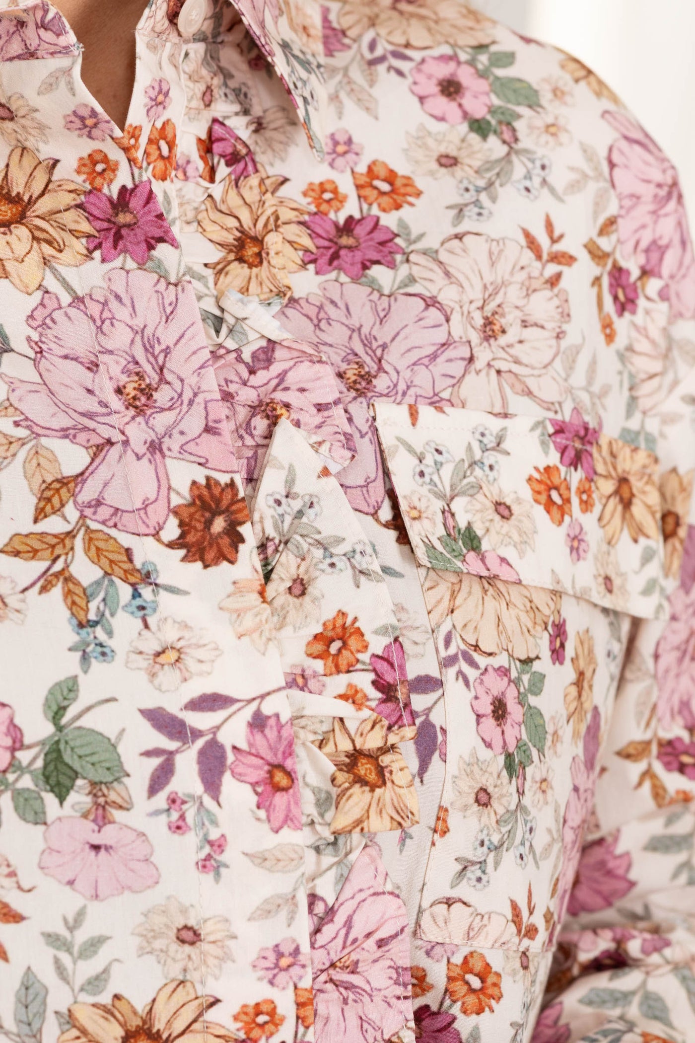 Beige Floral Ruffled Hidden Buttons Woven Top