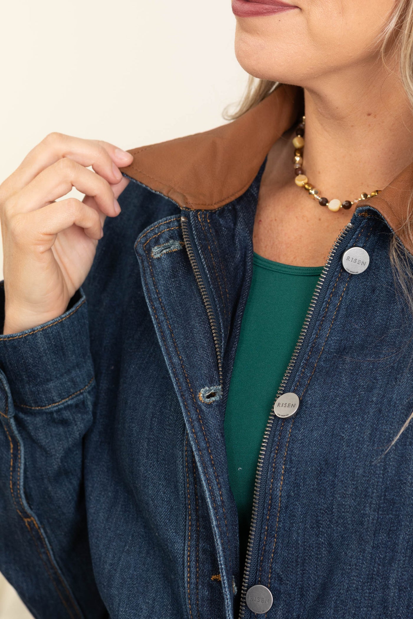 Risen Leather Collar Oversized Denim Jacket