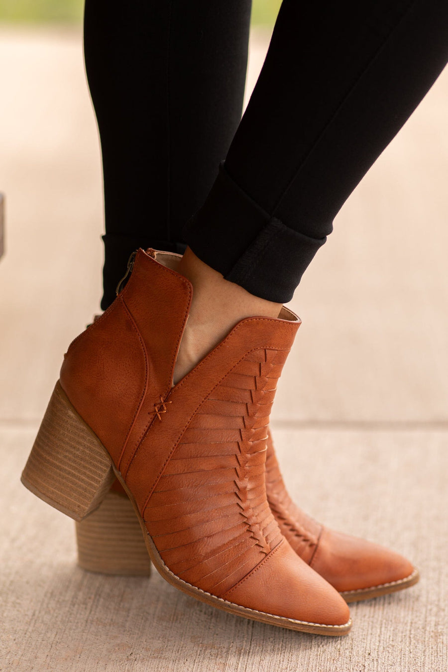 Chestnut Woven Detail Back Zip Bootie - Filly Flair