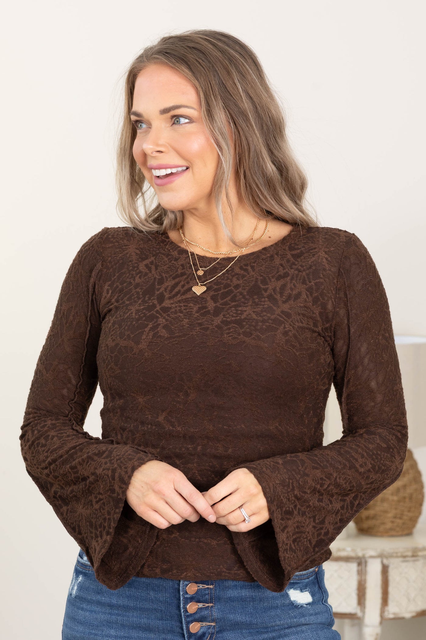 Brown Bell Long Sleeve Floral Lace Top