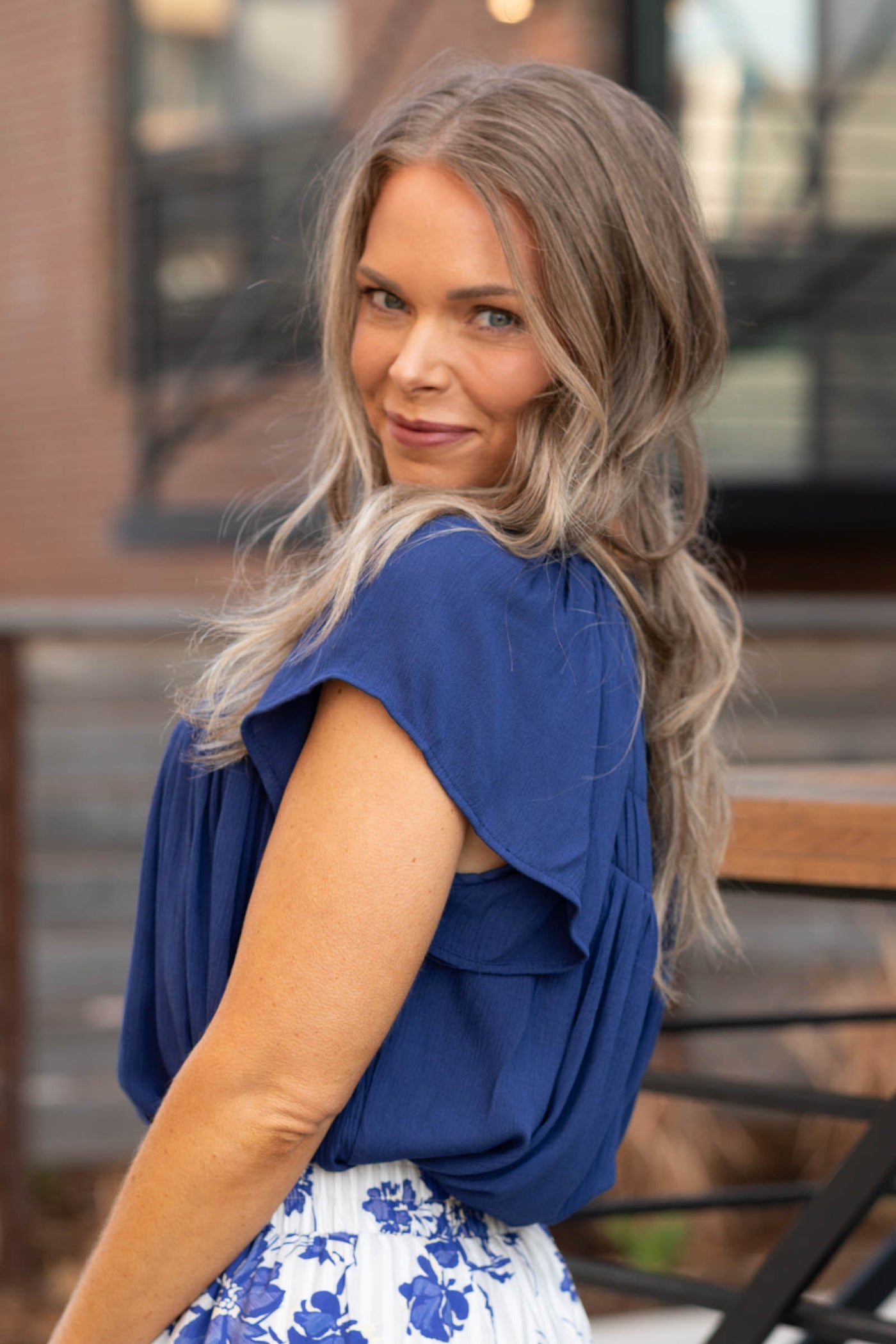 Navy Notch Flutter Shirred Woven Top