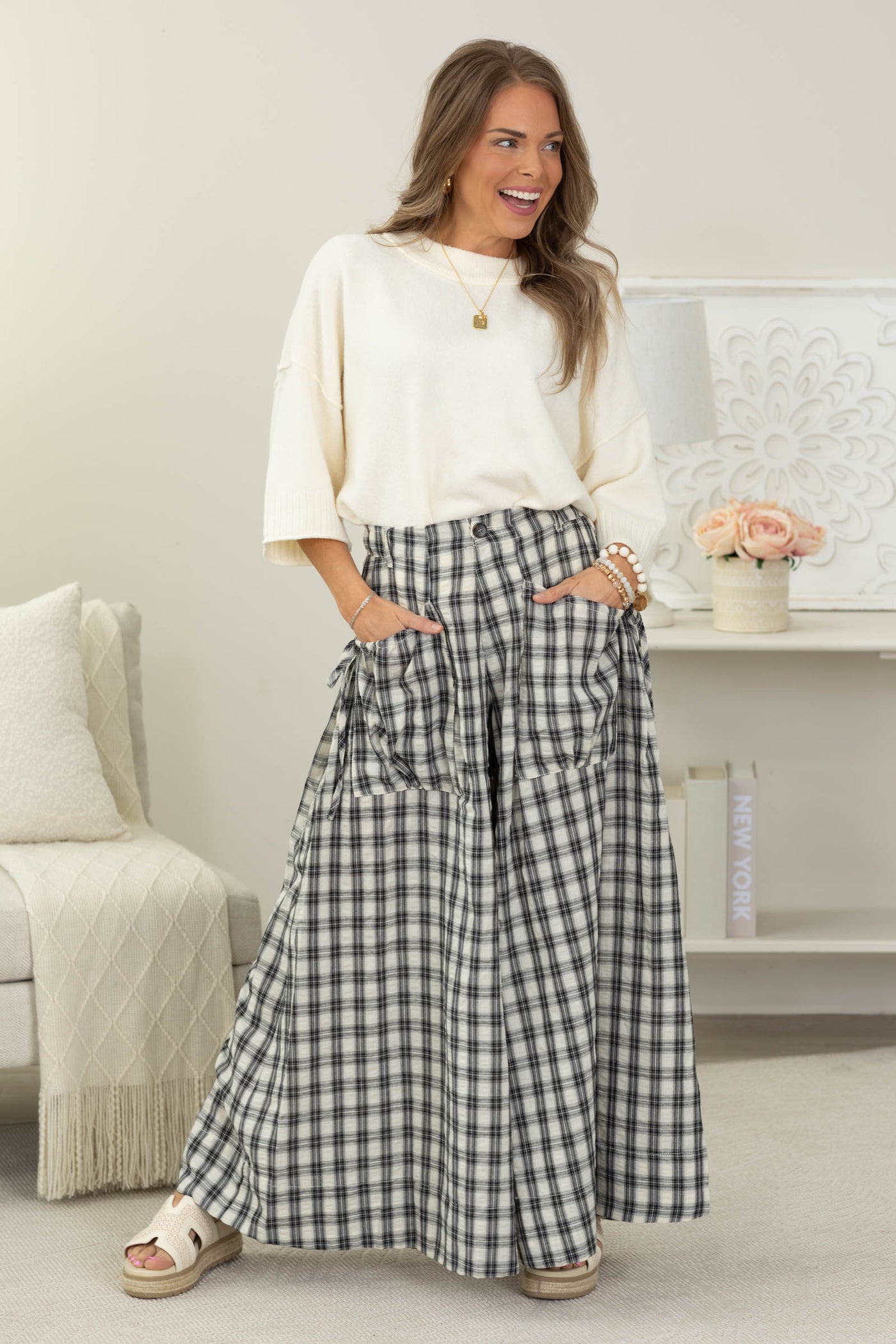 Cotierra Black Plaid Checker Wide Leg Pants- 100% Cotton