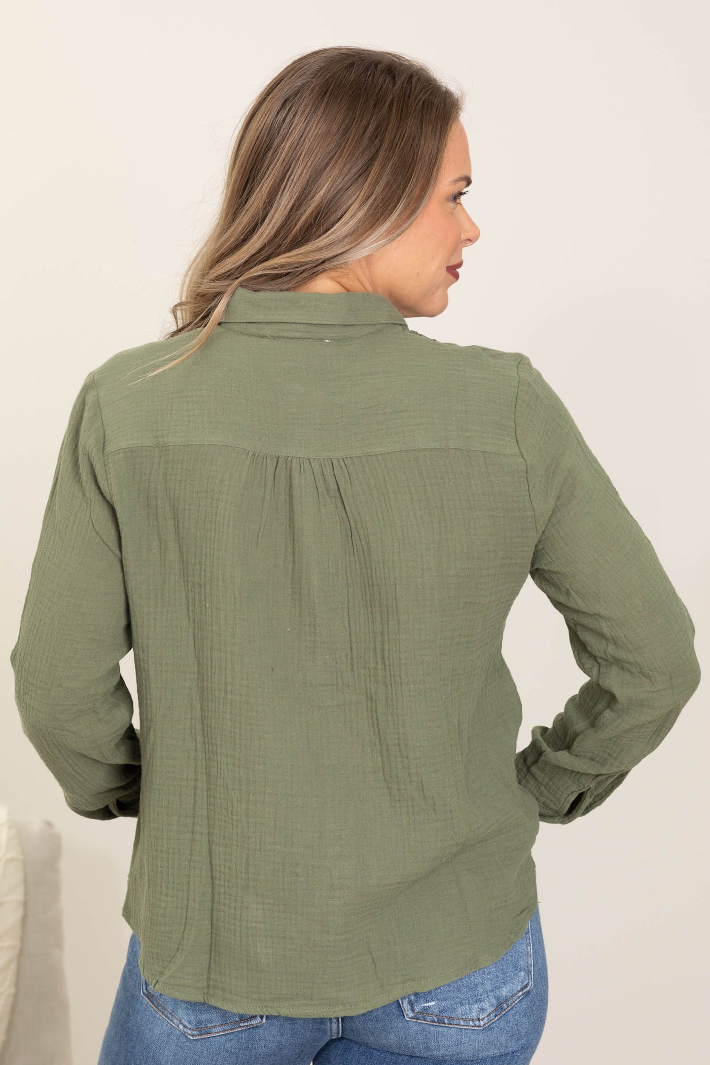 Olive Button Up With Pin Tuck Lace Woven Top