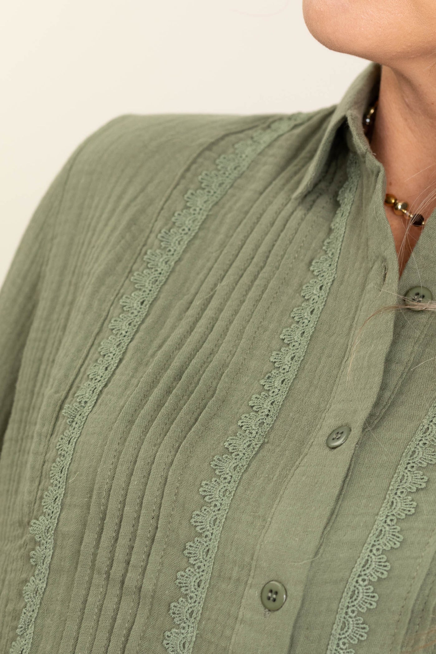 Olive Button Up With Pin Tuck Lace Woven Top