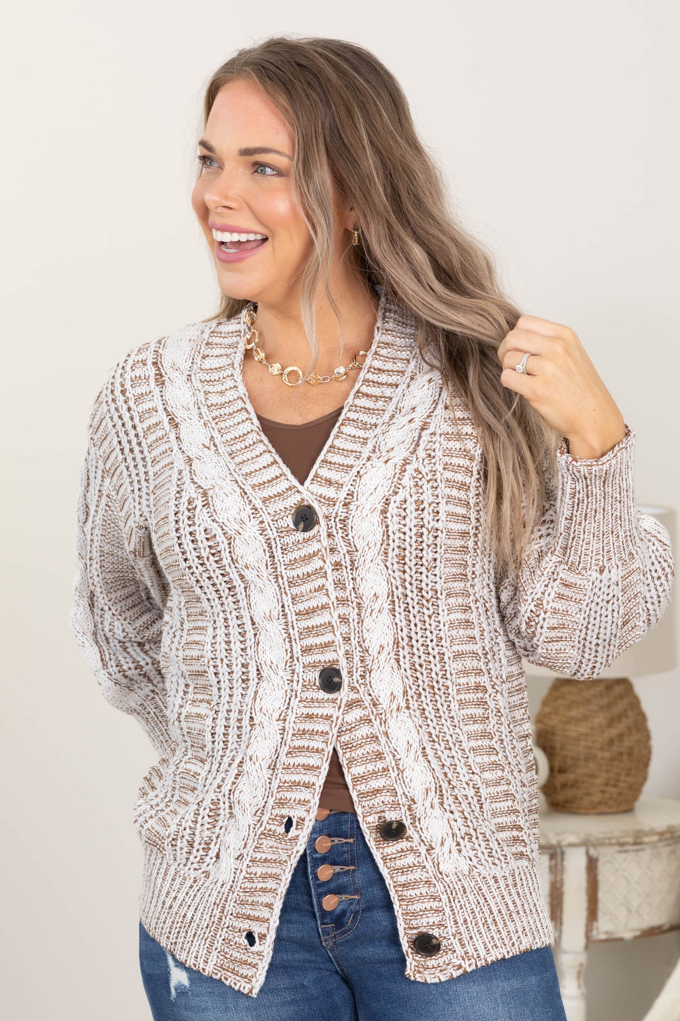 Taupe Two Tone Cable Sweater Cardigan
