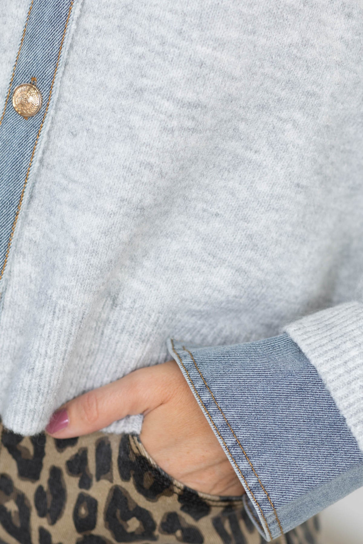 Heather Grey Denim Trimmed Knit Button Down Cardigan