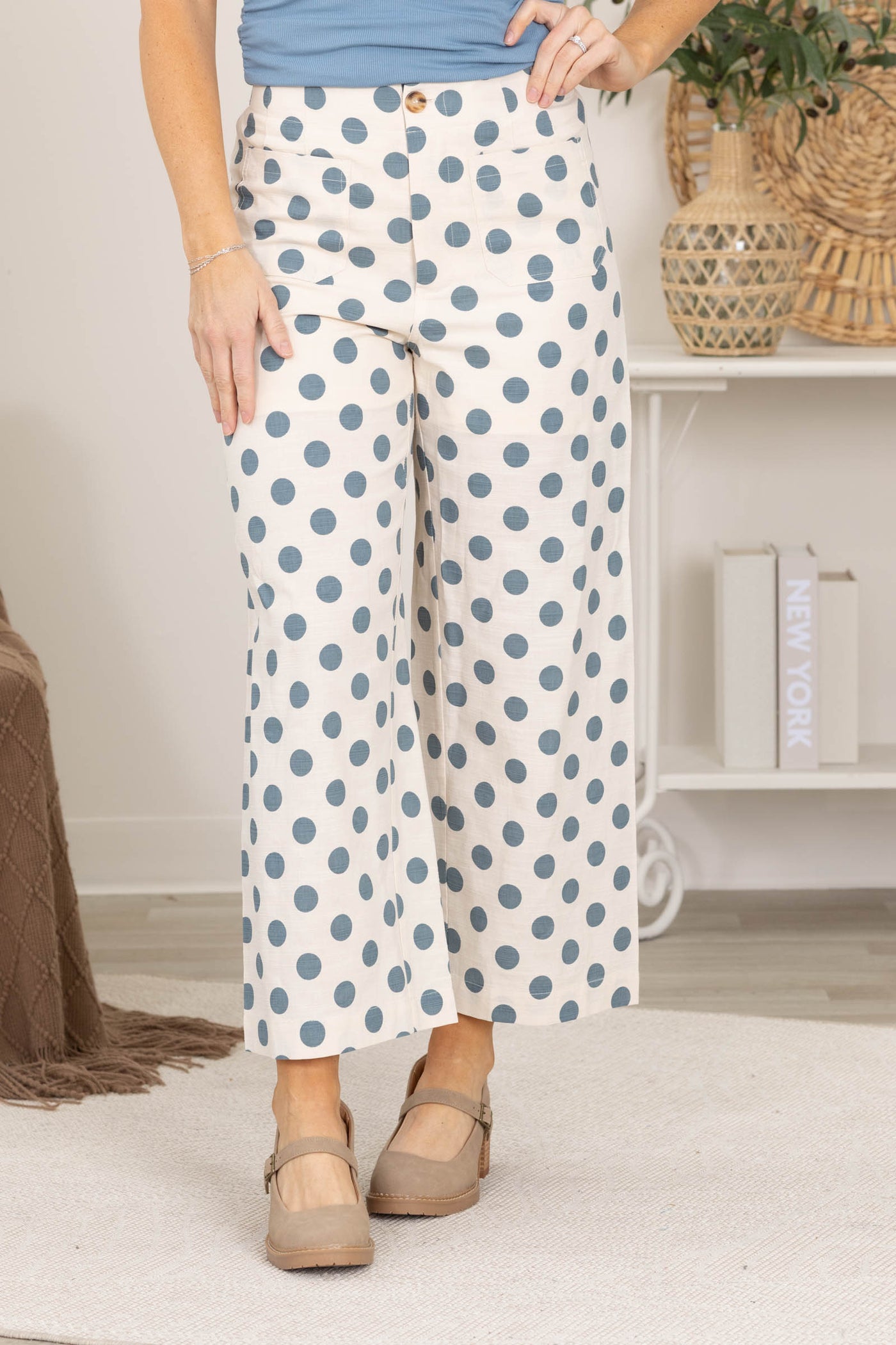 Slate Blue Polka Dot Front Pocket Pants