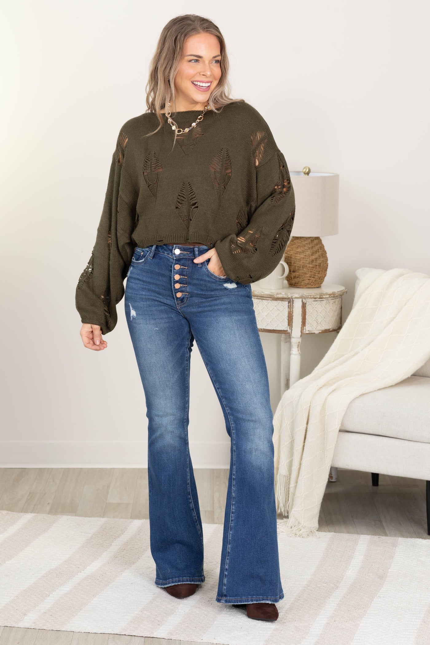 Olive Distressed Crop Long Sleeve Sweater